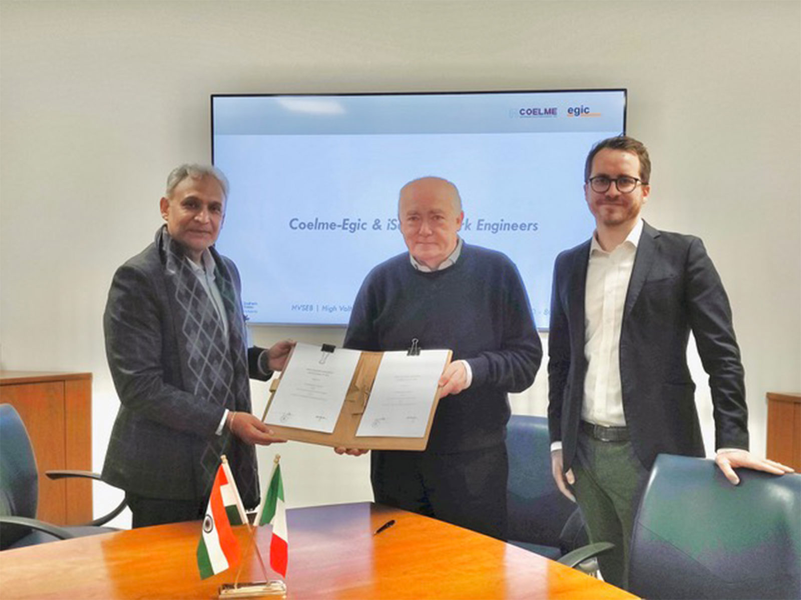 Mr Sudhanshoo Agarwal; CEO iSAT with Mr Francesco Basso; Chairman Coelme S.p.A & Mr. Nicolo Basso ; Director iSAT