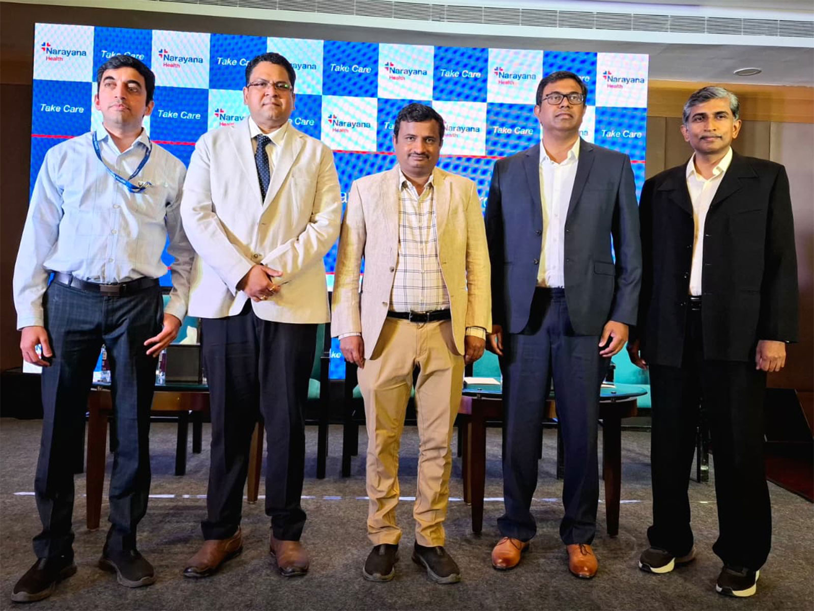 At Narayana Health's Robotic Cardiac Surgery Milestone Event (L to R): Dr. Rahul Rao; Dr. Praveen R Tambrallimath; Dr. Raghu MG; Dr. Thiruthani Kumaran M M; Dr. Kiran K