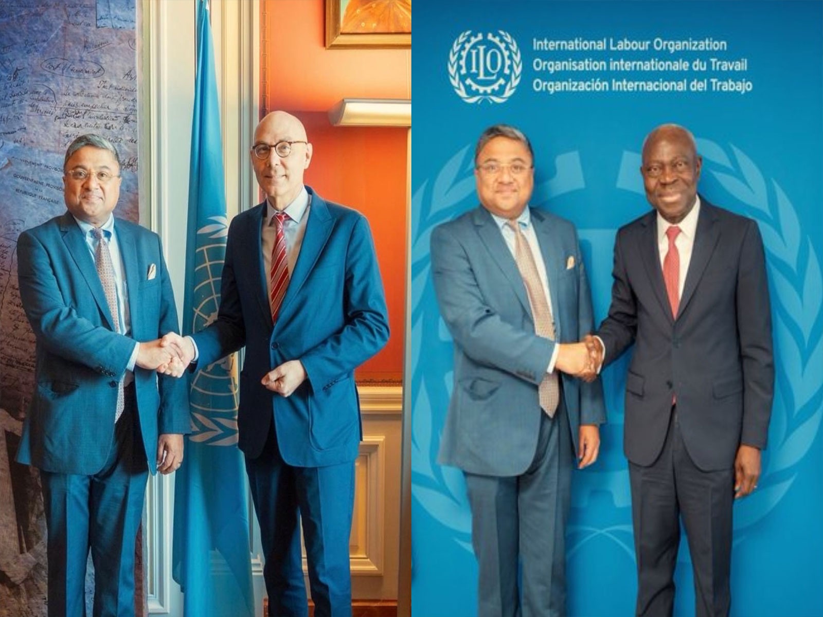  India's Secretary (West) Sibi George meets Volker Turk,  United Nations High Commissioner for Human Rights and Gilbert F. Houngbo, Director-General of the International Labour Organization (Photo/X/Randhir Jaiswal @MEAIndia)