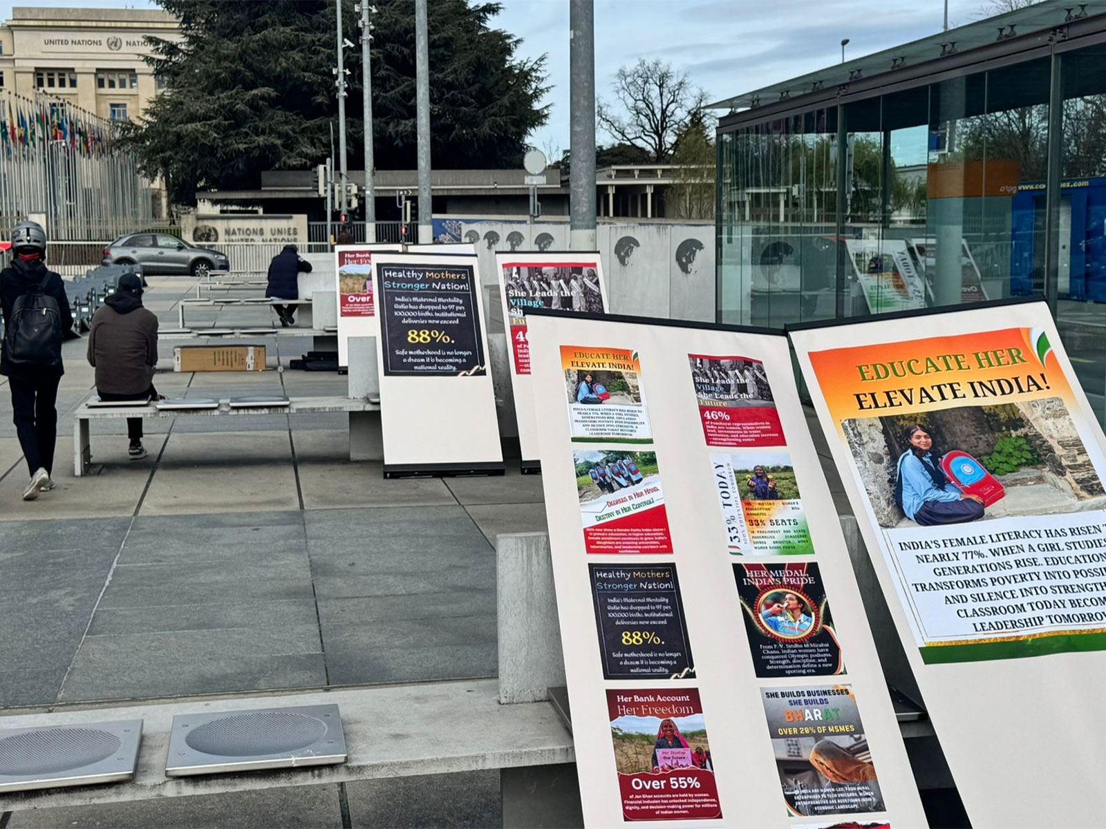 Posters highlighting initiatives and achievements related to women empowerment in India displayed during a photo exhibition organised by Rajasthan Samgrah Kalyan Sansthan on the sidelines of the 61st session of the UN Human Rights Council in Geneva.