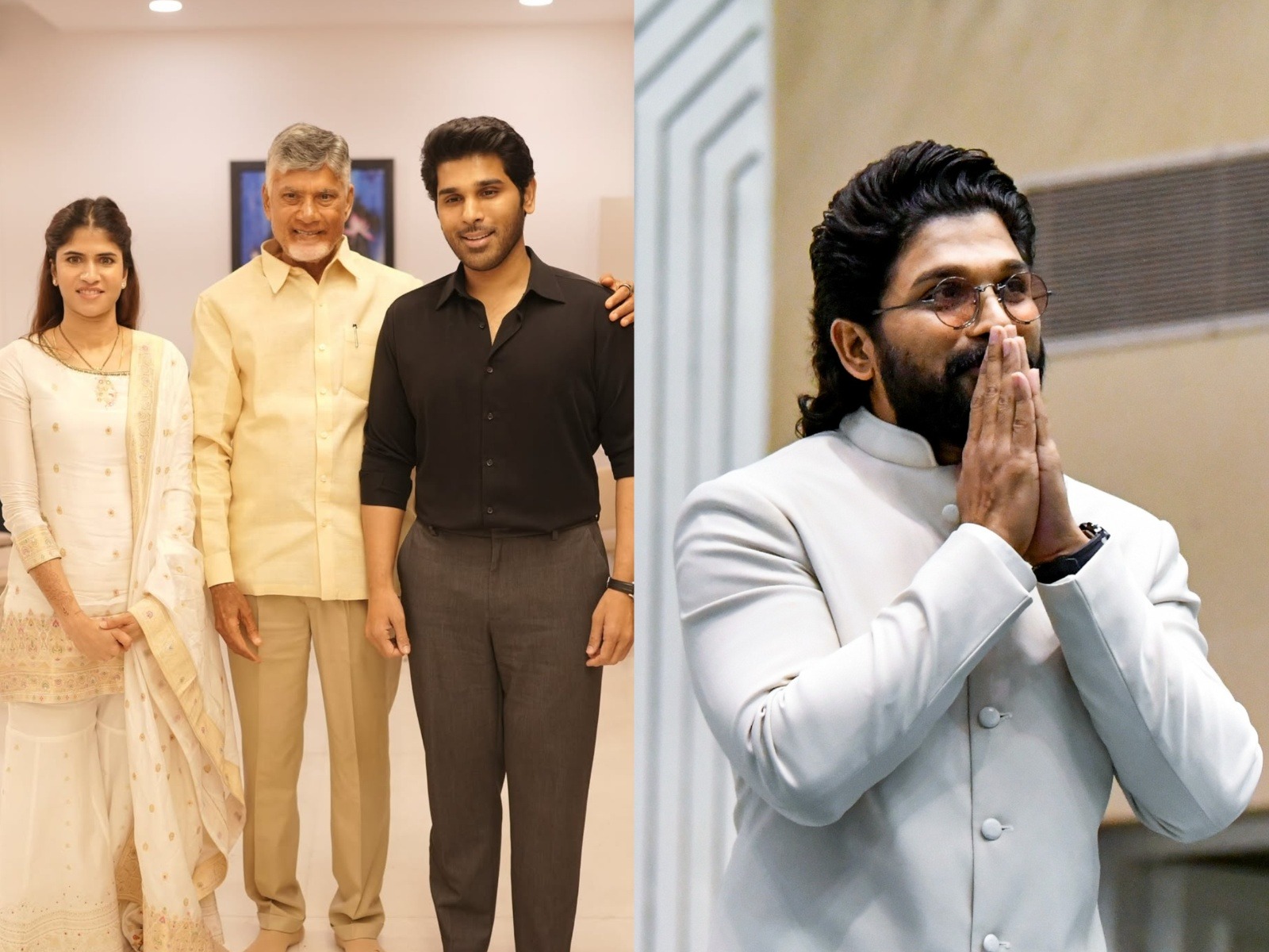Allu Sirish and wife Nayanika Reddy with Andhra Pradesh CM Chandrababu Naidu (Photo/Instagram@AlluSirish) and Allu Arjun (photo/ANI)