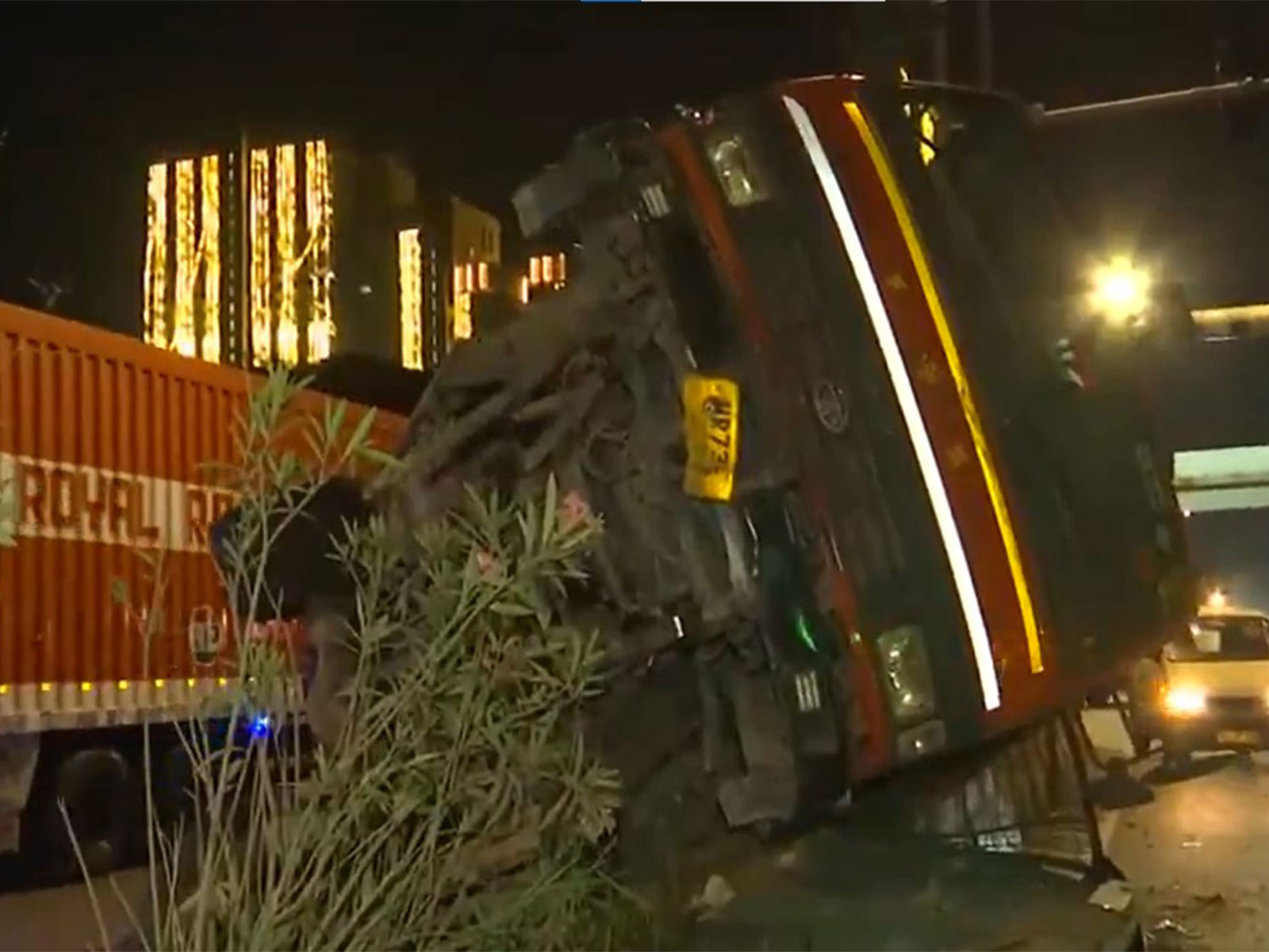 Speeding truck overturns at Okhla underpass (Photo/ANI)