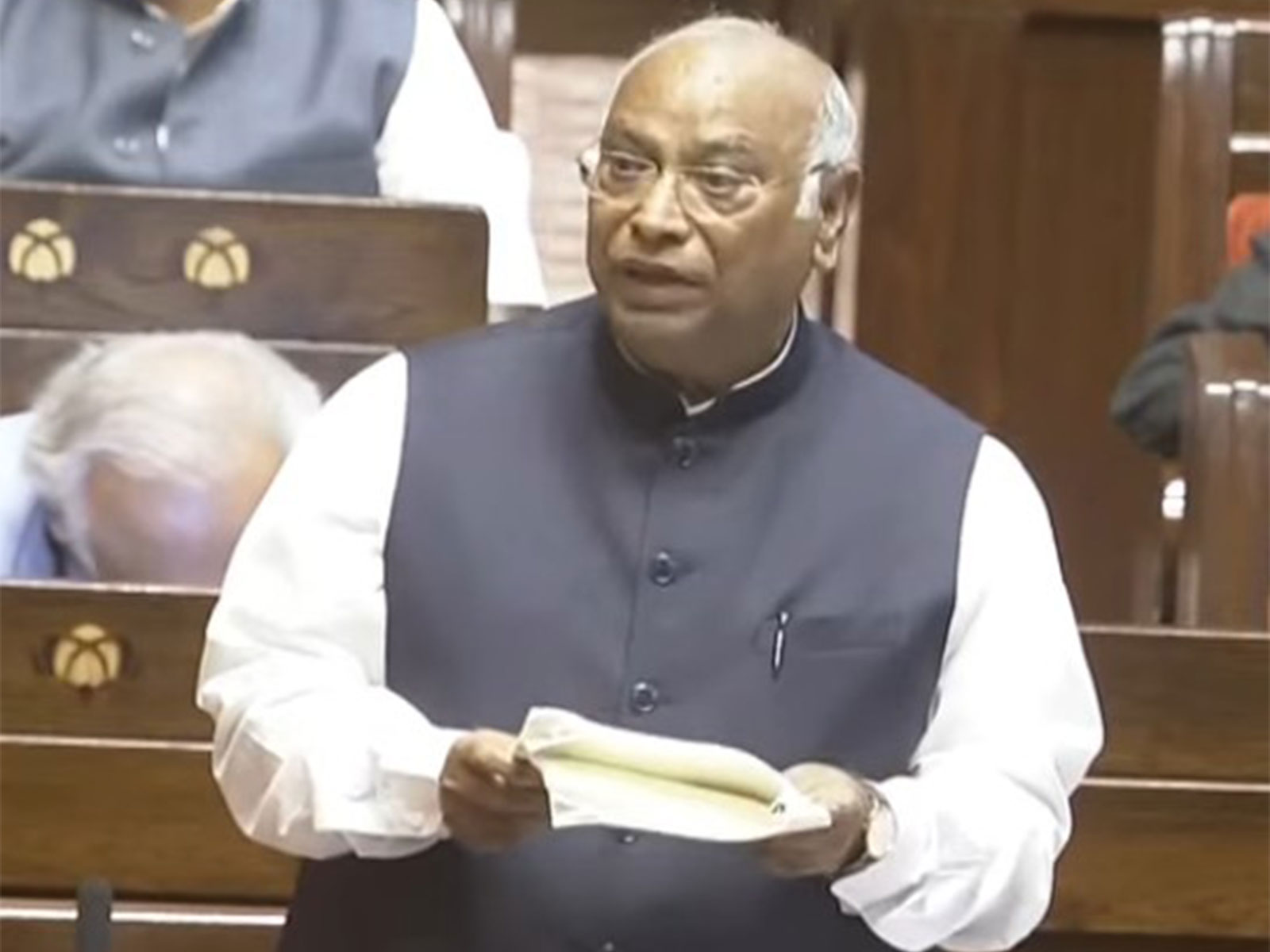 Leader of Opposition in the Rajya Sabha and Congress President Mallikarjun Kharge (Photo/Sansad TV)