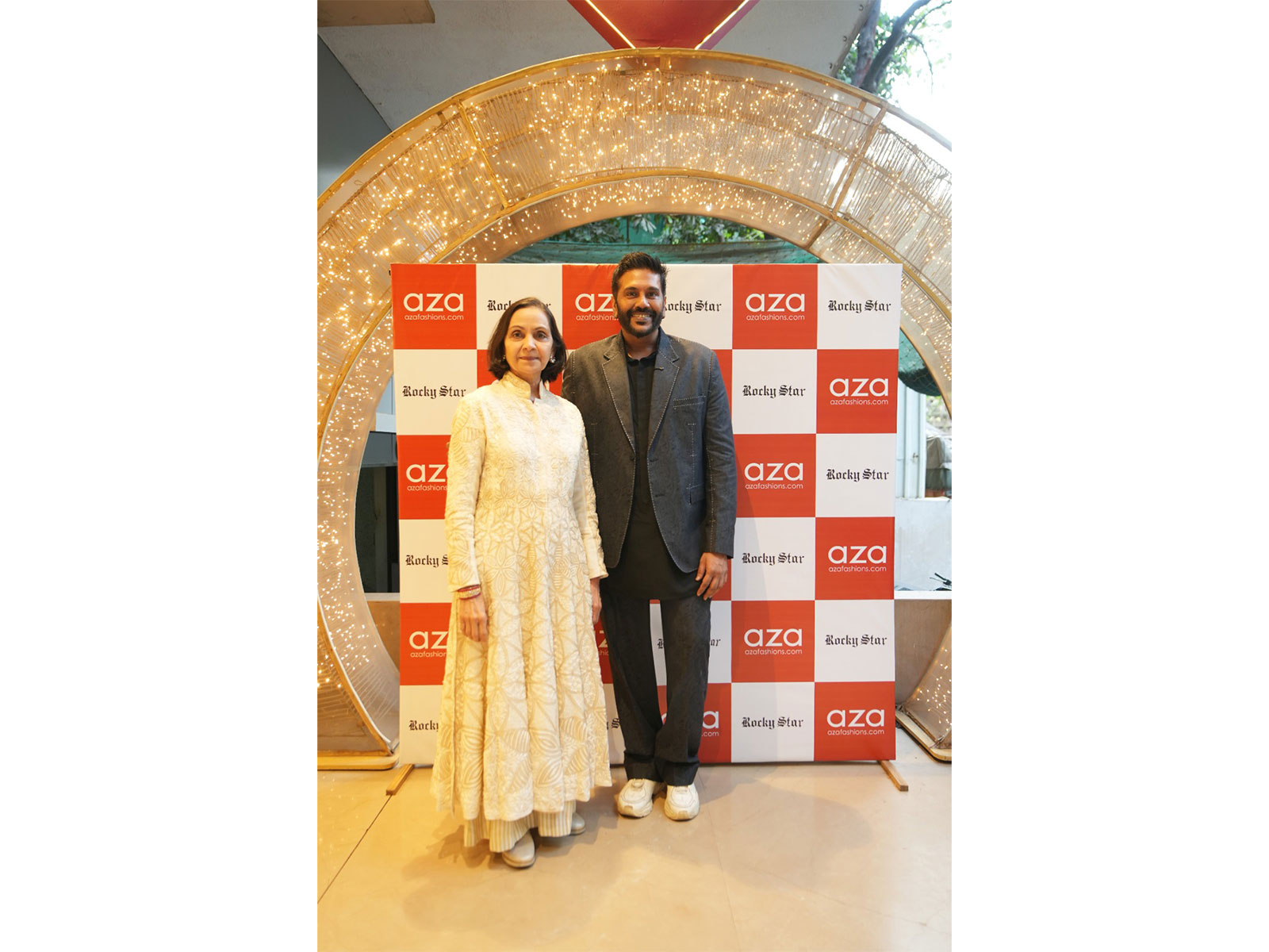 Dr. Alka Nishar, Founder of Aza Fashions with designer Rocky S at his collection launch at the Aza store in Bandra