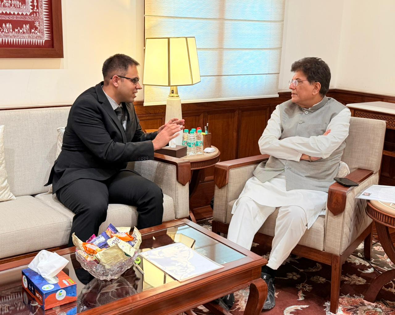 Piyush Goyal discusses expanding AI adoption via voice-first, vernacular solutions with Puch AI CEO (Photo- X@PiyushGoyalOffc) 