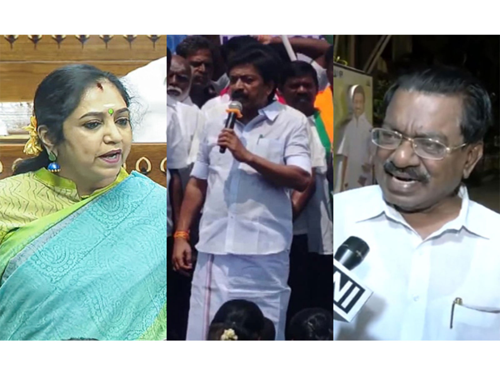 DMK MP Thamizhachi Thangapandian (L), AIADMK MP CV Shanmugam (C) and DMK leader TKS Elangovan (R) (Photo/Sansad TV and ANI)