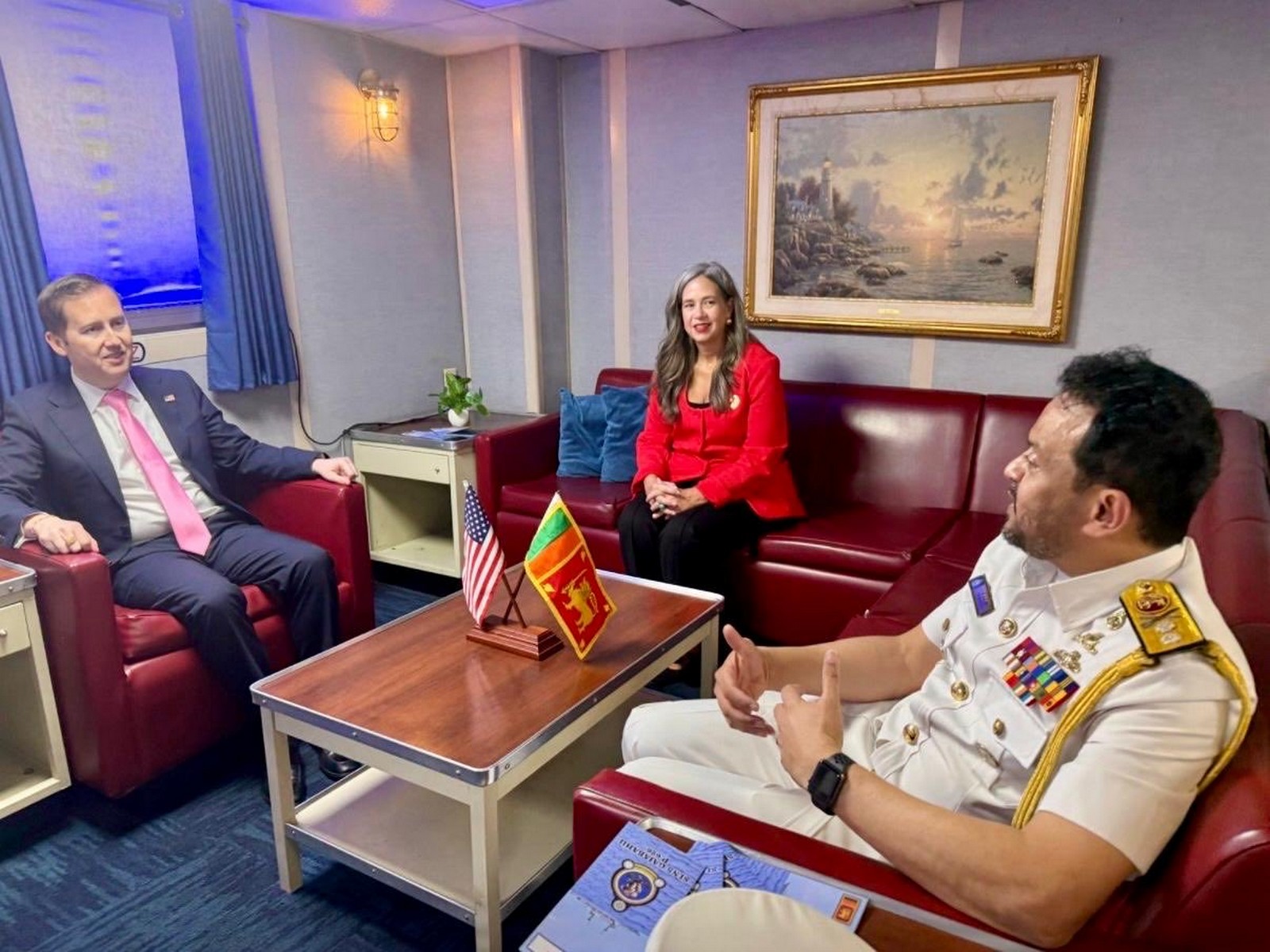US Special Representative for South and Central Asia Sergio Gor interacts with Sri Lanka Navy Chief of Staff Rear Admiral Damian Fernando aboard SLNS Gajabahu during a visit highlighting US-Sri Lanka maritime security cooperation. (Photo: X/@USEmbSL)