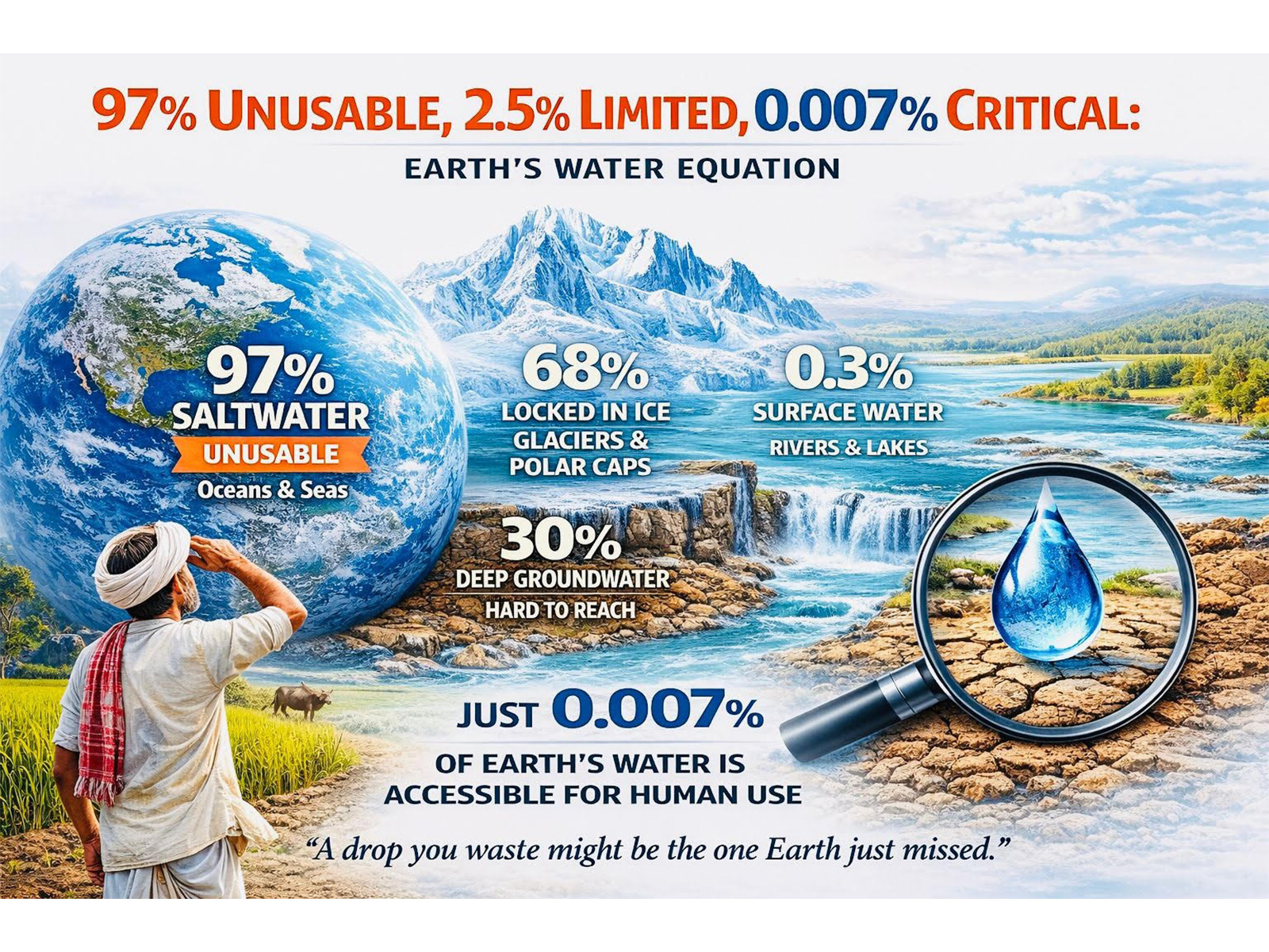 World Water Day: 97% Unusable, 2.5% Limited, 0.007% Critical: Earth's Water Equation