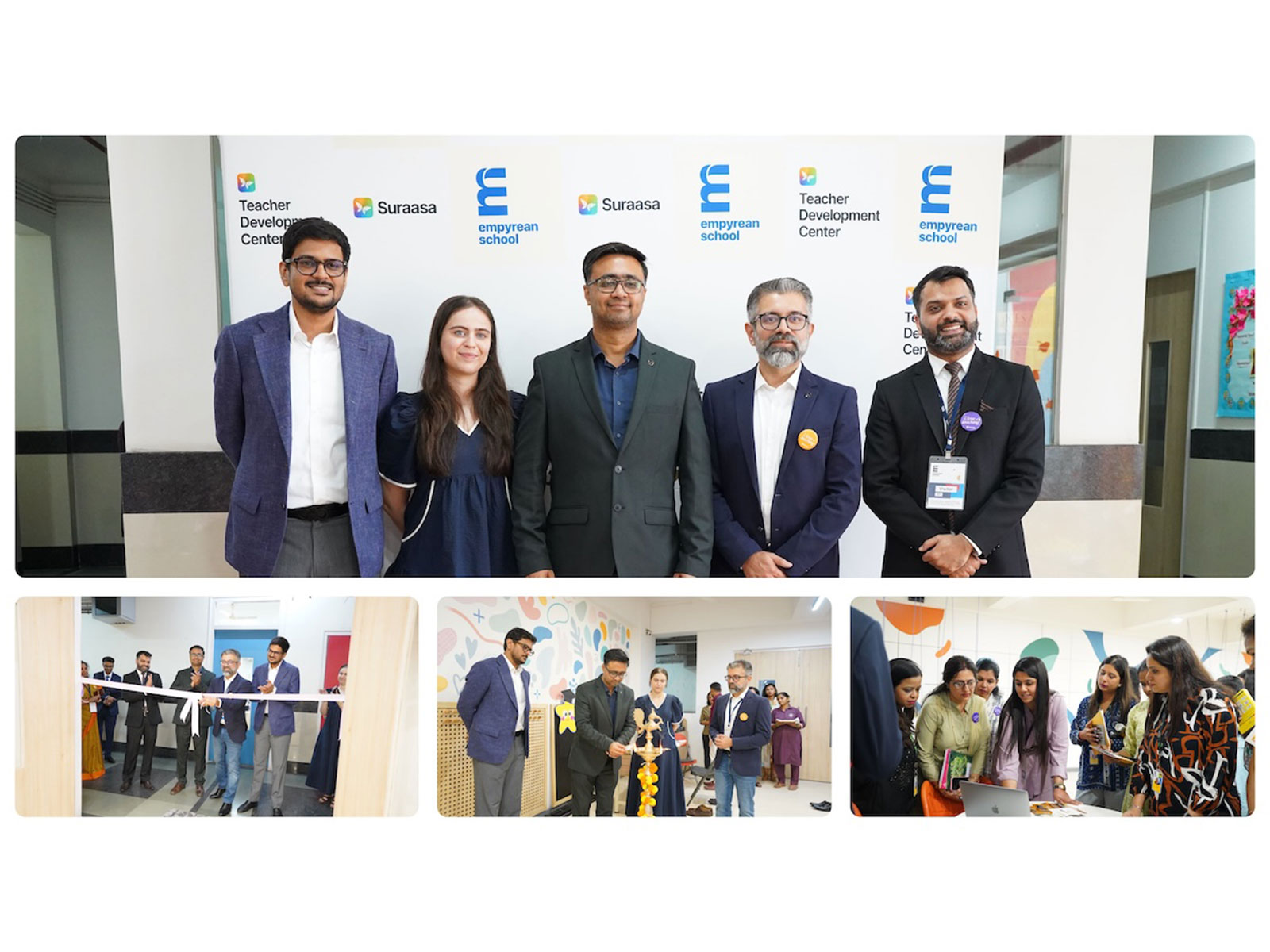 Suraasa and Empyrean School leadership inaugurate India's first Teacher Development Centre in Navi Mumbai with a ribbon cutting, lamp lighting, and teachers queuing to learn more.
