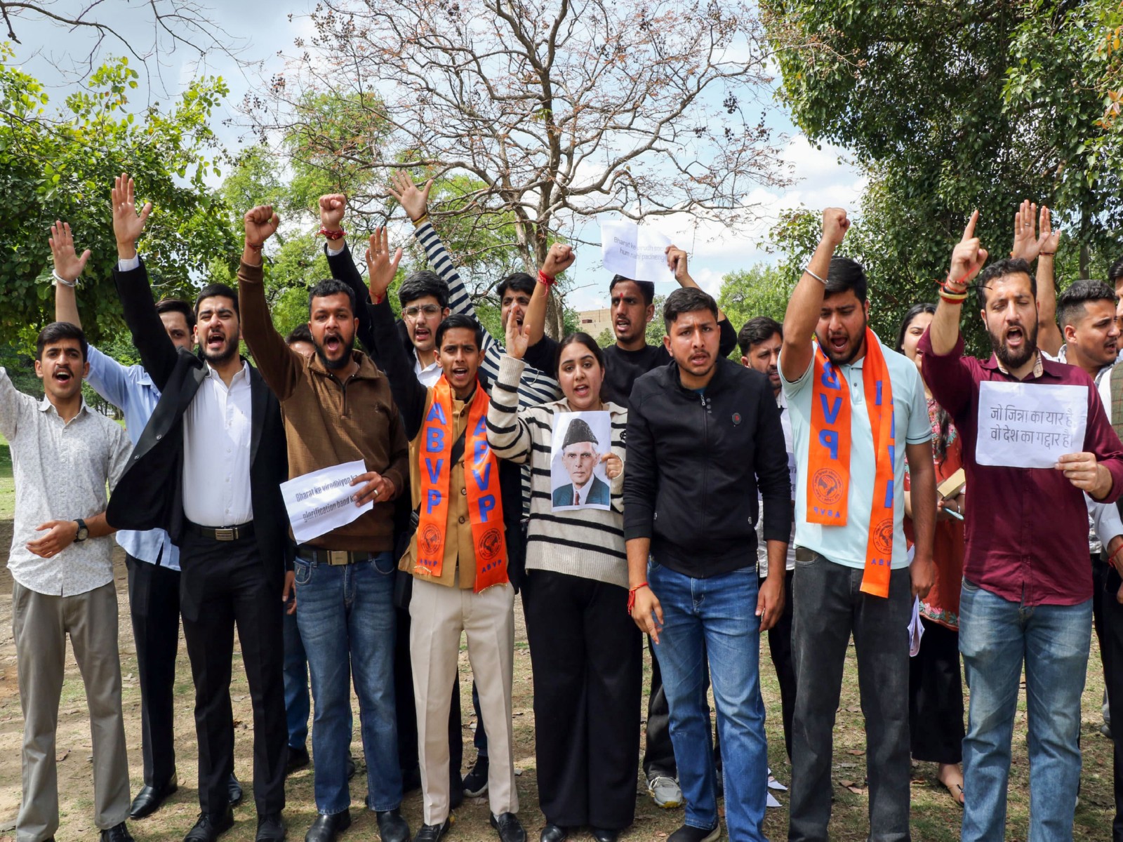 ABVP protest against the inclusion of Muhammad Ali Jinnah in Jammu University curriculum (Photo/ANI)