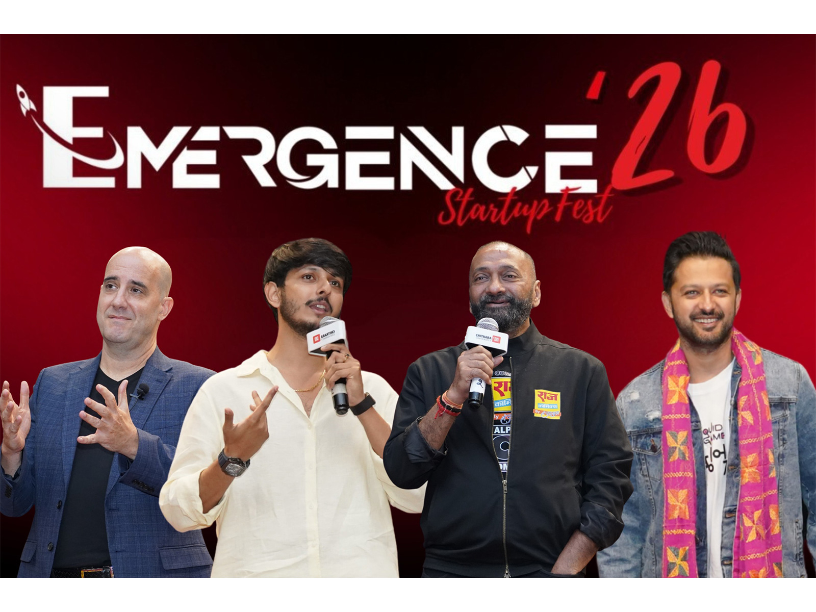 A powerhouse lineup at Emergence'26, Chitkara University: Ashwin Mushran, Anubhav Dubey (Chai Sutta Bar), Sanjay Gupta (Raj Comics), and Vatsal Sheth (Prismix Studios)