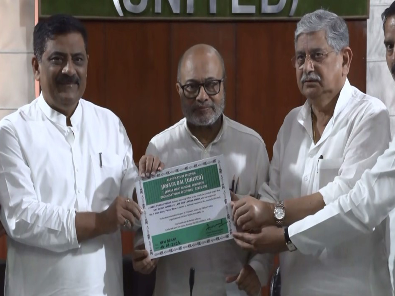 JD(U) leaders Sanjay Jha (L), Anil Hegde (C) and Rajiv Ranjan Singh (R) (Photo/ANI)