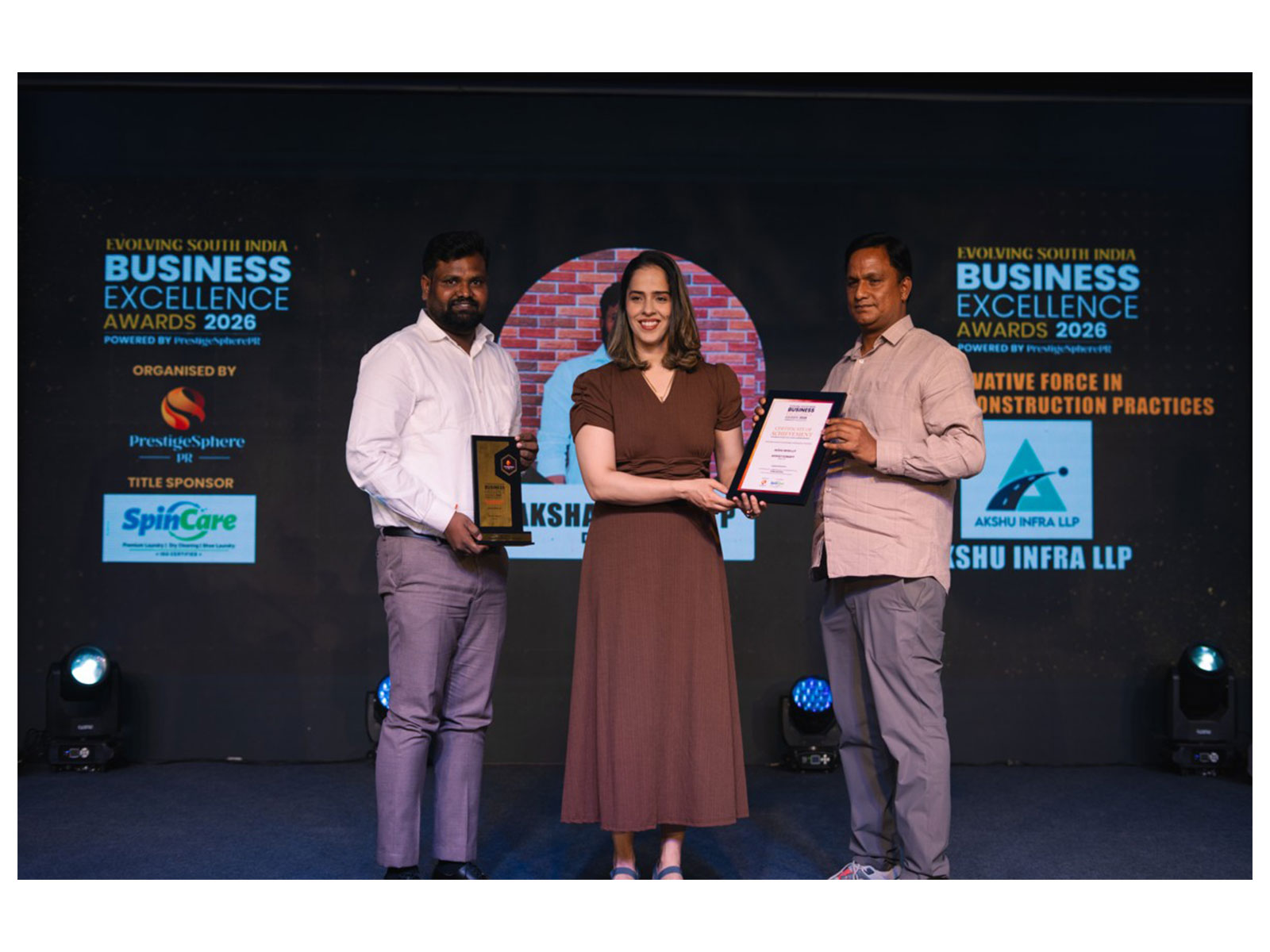 Saina Nehwal Honours Akshay Kumar P of AKSHU INFRA LLP for Innovation in Sustainable Construction at South India Awards 2026