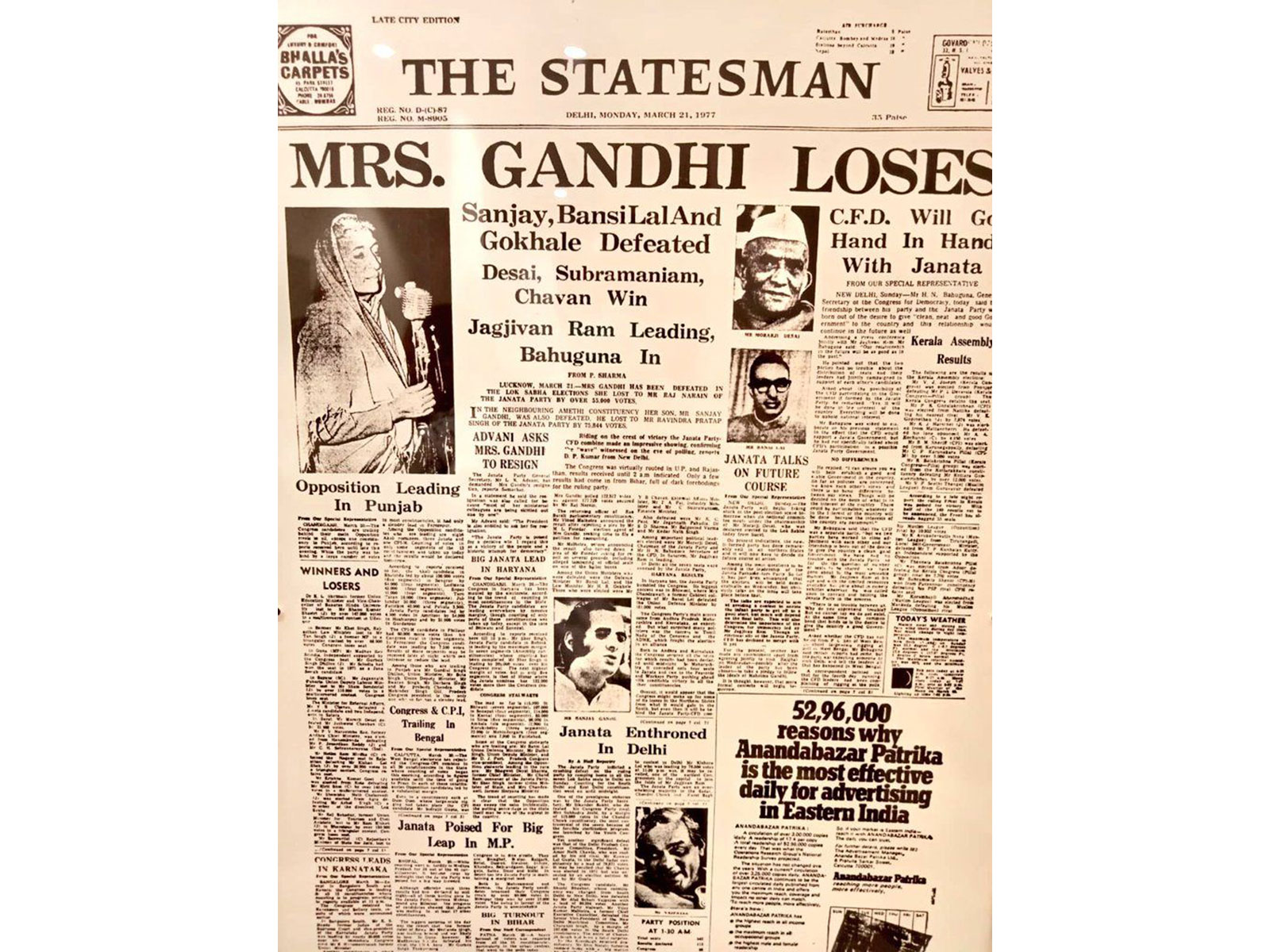 News article from The Statesman, March 21, 1977, reporting the electoral loss of former PM Indira Gandhi and the rise of the Janata Party in India's political landscape (Photo: x/@BJP4India)