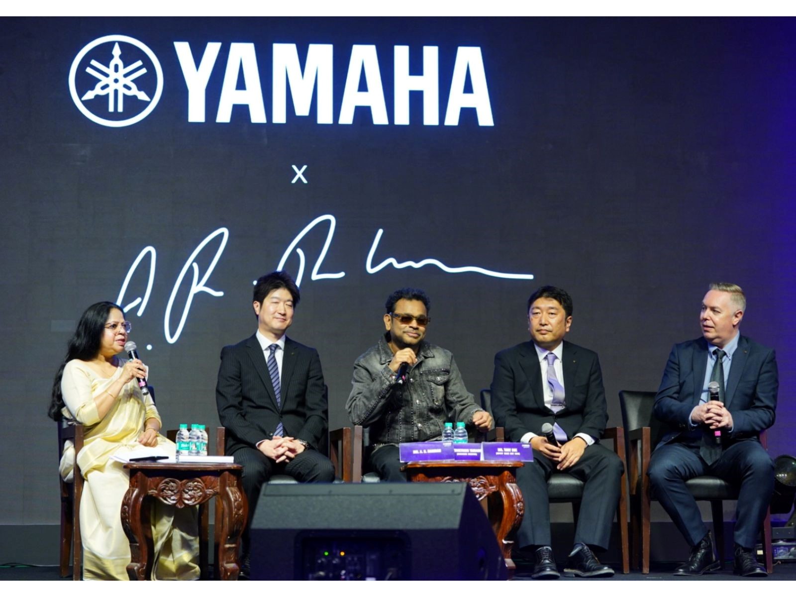 L to R-Rana Siddiqui Zaman, Author & Sr Jounalist, Ryoji Maruyama, Sales Head, Yamaha Music India, AR Rahman, Yamamoto Taketoshi, MD, Yamaha Music India & Tony Cox, GM, Yamaha Music India
