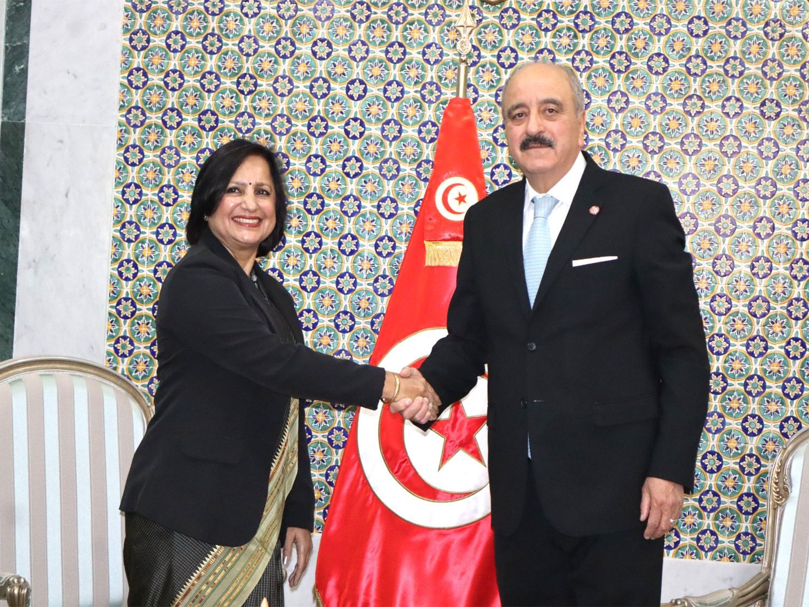 Ministry of External Affairs Secretary (South) Neena Malhotra with Tunisia Foreign Minister Mohamed Ali Nafti (Photo: X@MEAIndia)