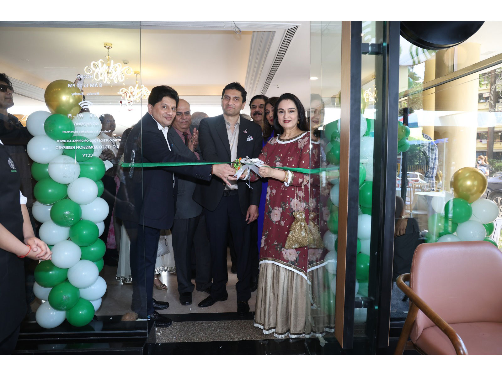 Actor Padmini Kolhapure with Rajiv Mehta and Prashant Mehta, trustees of Lilavati Hospital and Research Centre, at the inauguration of the Starbucks cafe there