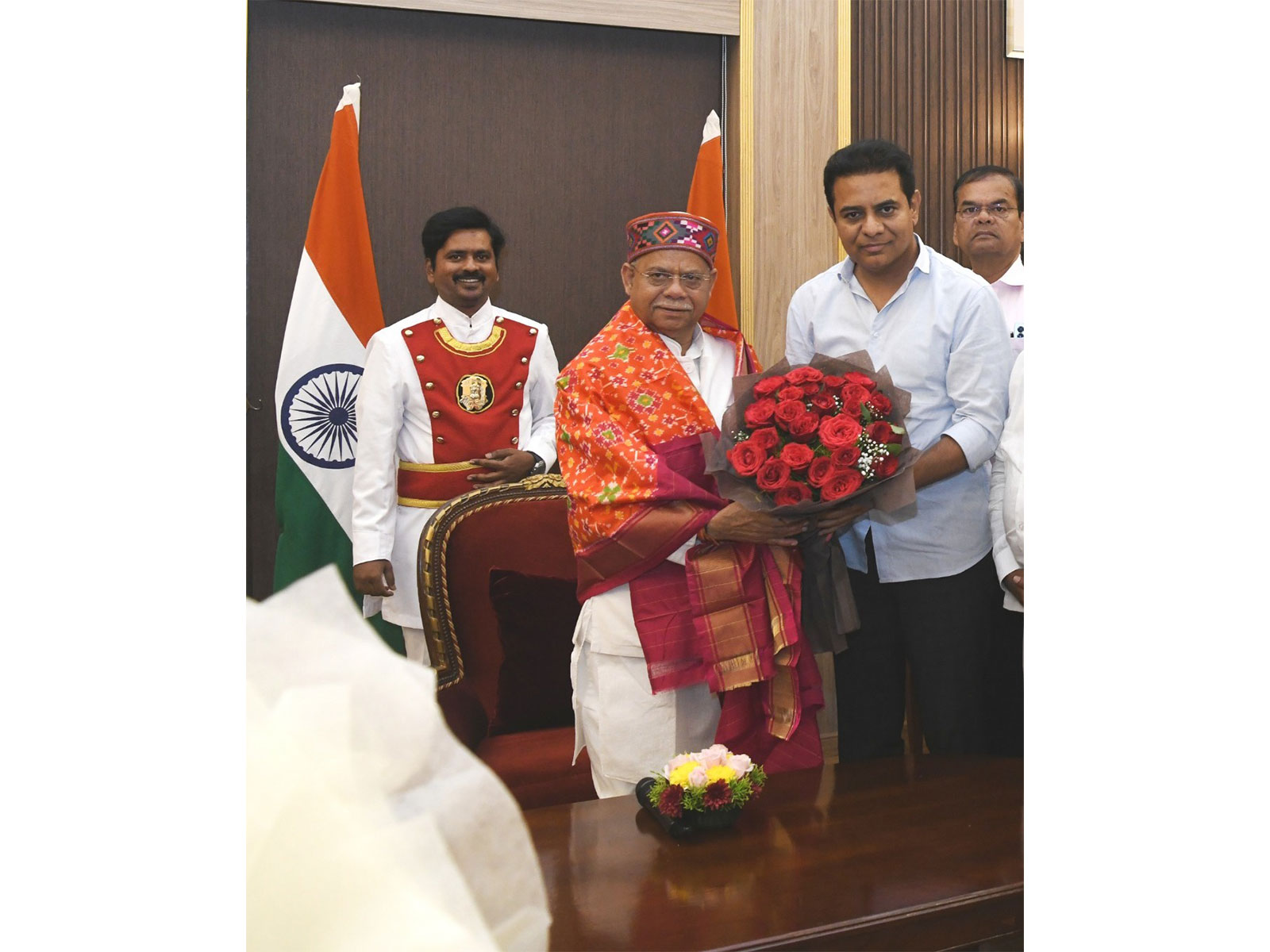 BRS working president KT Rama Rao with Telangana Governor Shiv Pratap Shukla (Photo/ANI)/BRS)