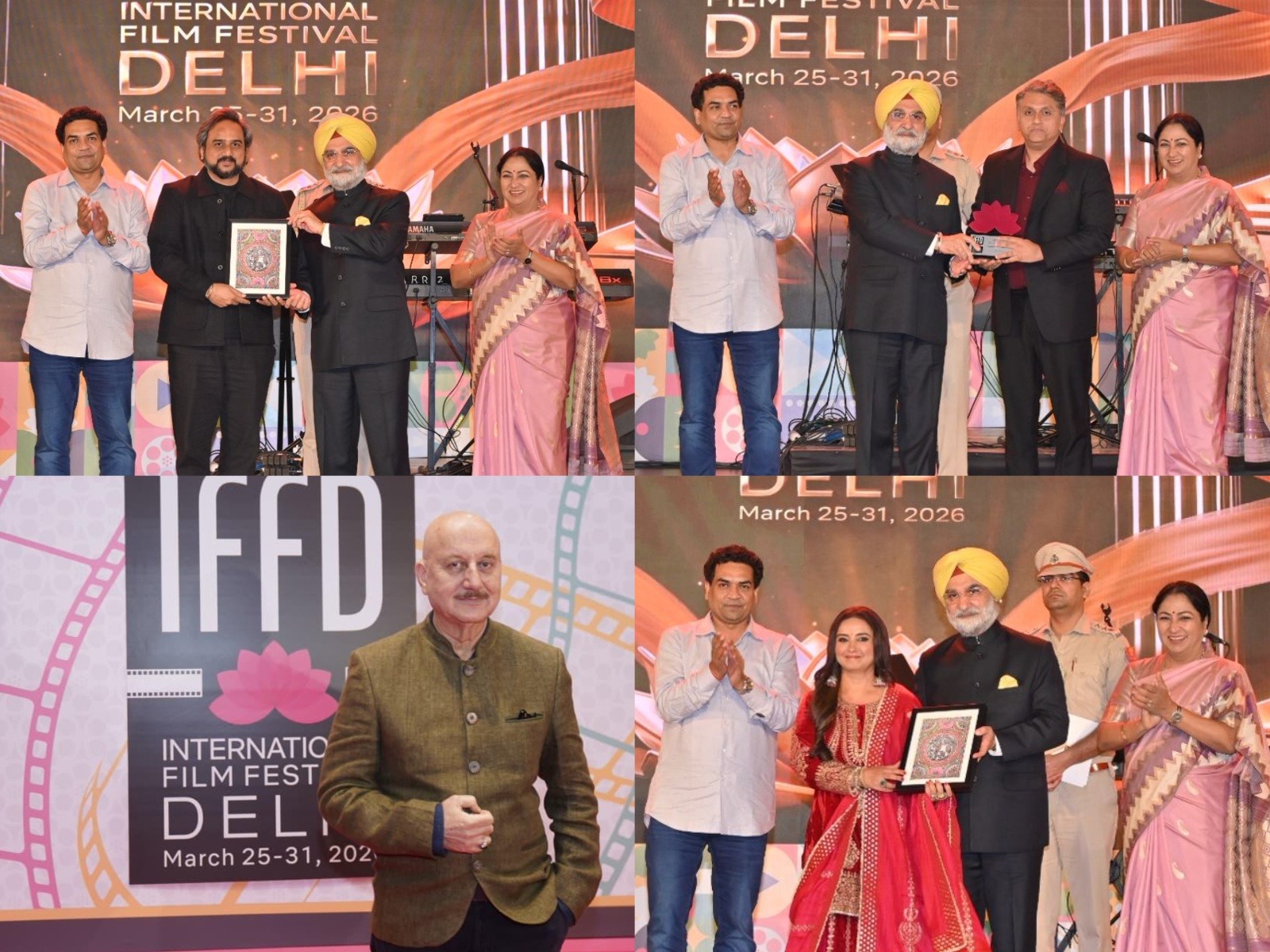 Delhi Minister Kapil Mishra, CM Rekha Gupta, Governor Taranjit Singh Sandhu presenting awards at NIght of Honour (Photo/IFFD)