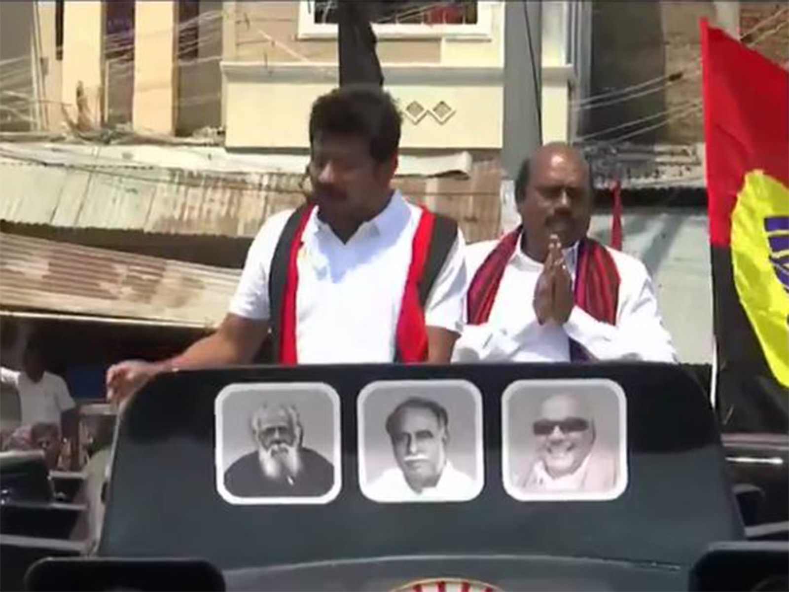 Tamil Nadu Deputy Chief Minister Udhayanidhi Stalin with Tiruvannamalai's candidate EV Velu (Photo/ANI)