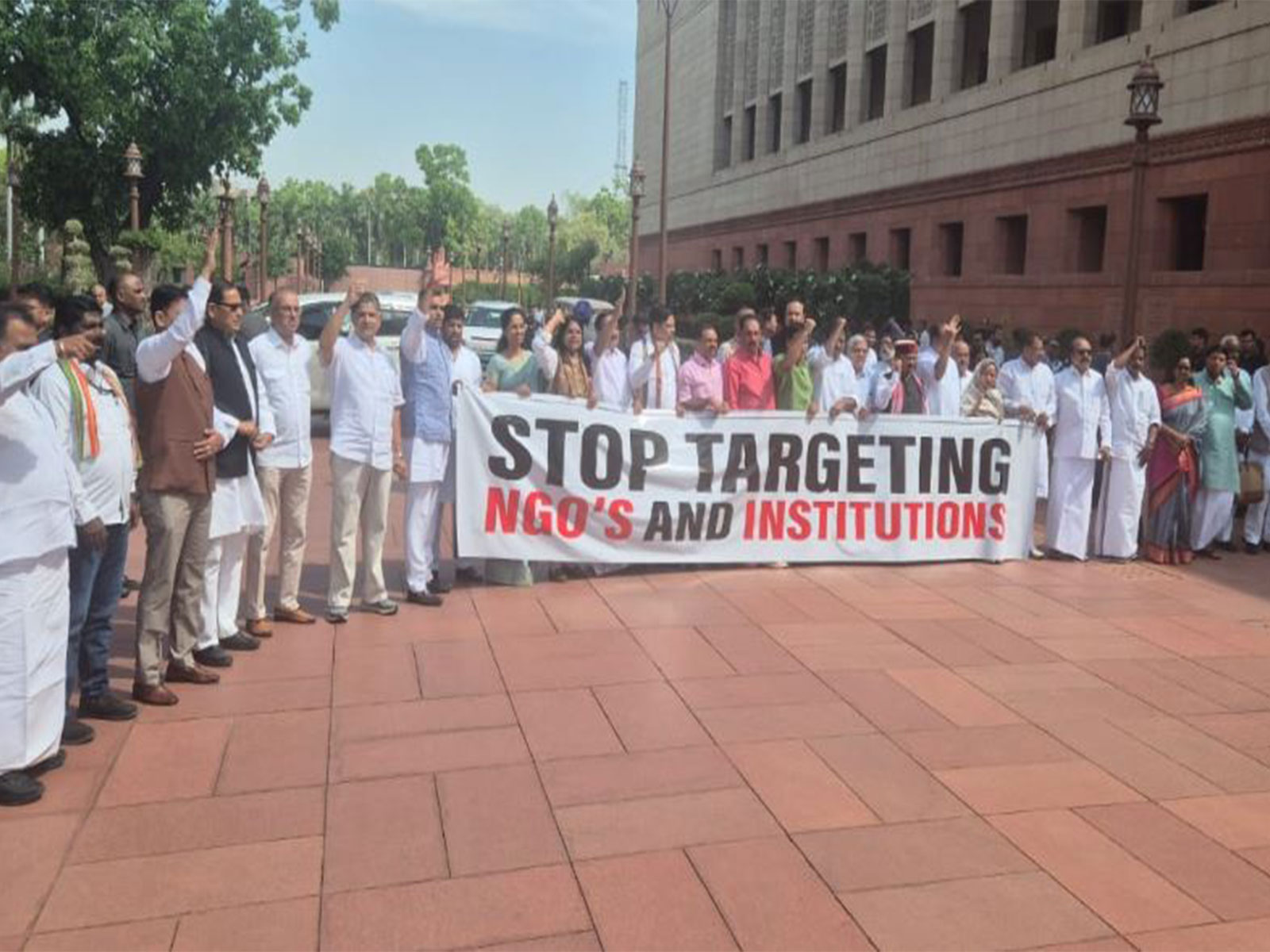 Opposition MPs held protest against FCRA Amendment Bill 2026 at Makar Dwar (Photo/ANI)