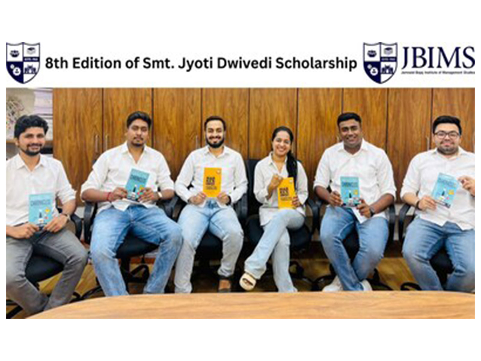 L to R - Rushikesh Metangale, Bhushan Ghule, Hemin Khona, Namrata Janyani, Yash Nahata, and Varun Karia, winners of the 8th edition of the Smt. Jyoti Dwivedi Memorial Scholarship at JBIMS