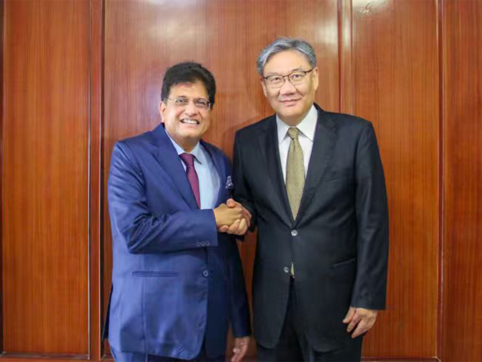 Commerce and Industry Minister Piyush Goyal with China's Commerce Minister Wang Wentao (Photo- X/@ChinaSpox_India)