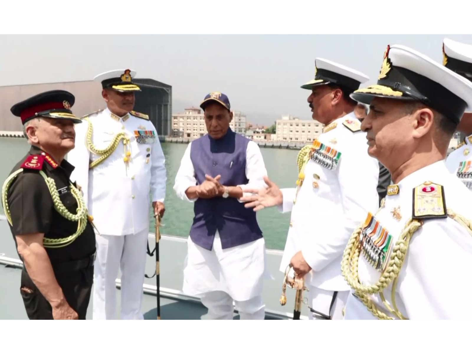 Defence Minister Rajnath Singh, along with CDS General Anil Chauhan, Navy chief Admiral Dinesh K Tripathi inspects advanced stealth frigate Taragiri (Photo/ANI)