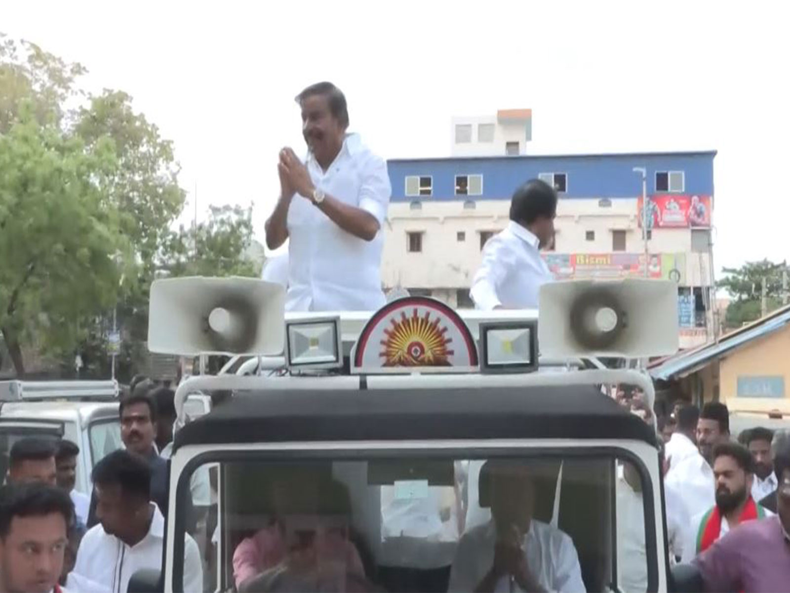 DMK's KN Nehru campaigns in Tiruchirappalli West (Photo/ANI)