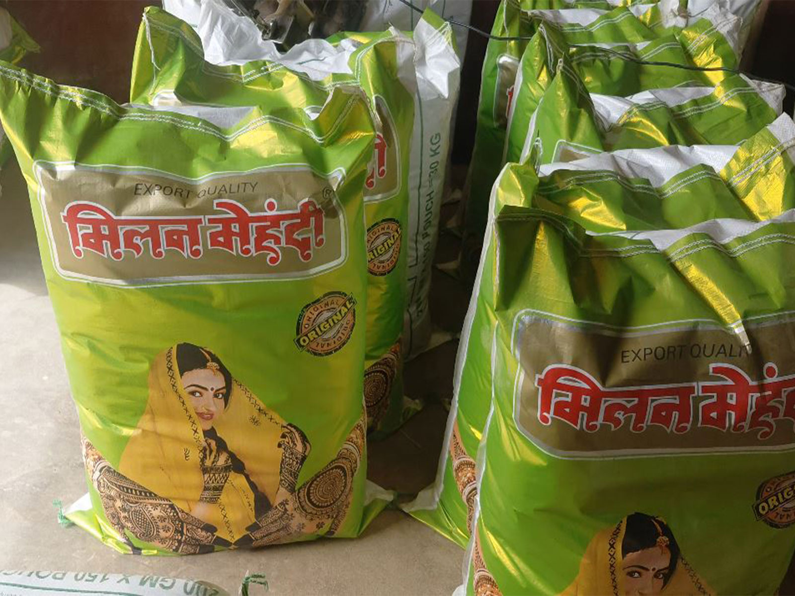 Bags of Sojat's mehendi powder stacked inside a factory in Rajasthan's Pali district (Photo/ANI)