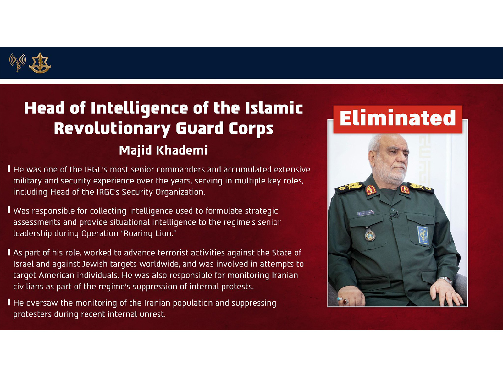 IDF announces elimination of Majid Khademi (Photo/@IDF)