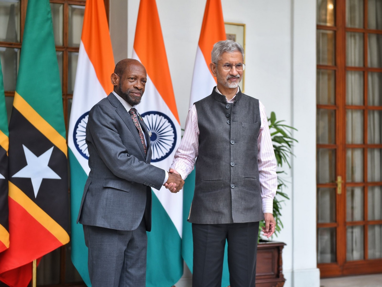 External Affairs Minister S Jaishankar meets  Foreign Affairs Minister of St. Kitts and Nevis, Denzil Douglas, at Hyderabad House (Photo/X/@DrSJaishankar)