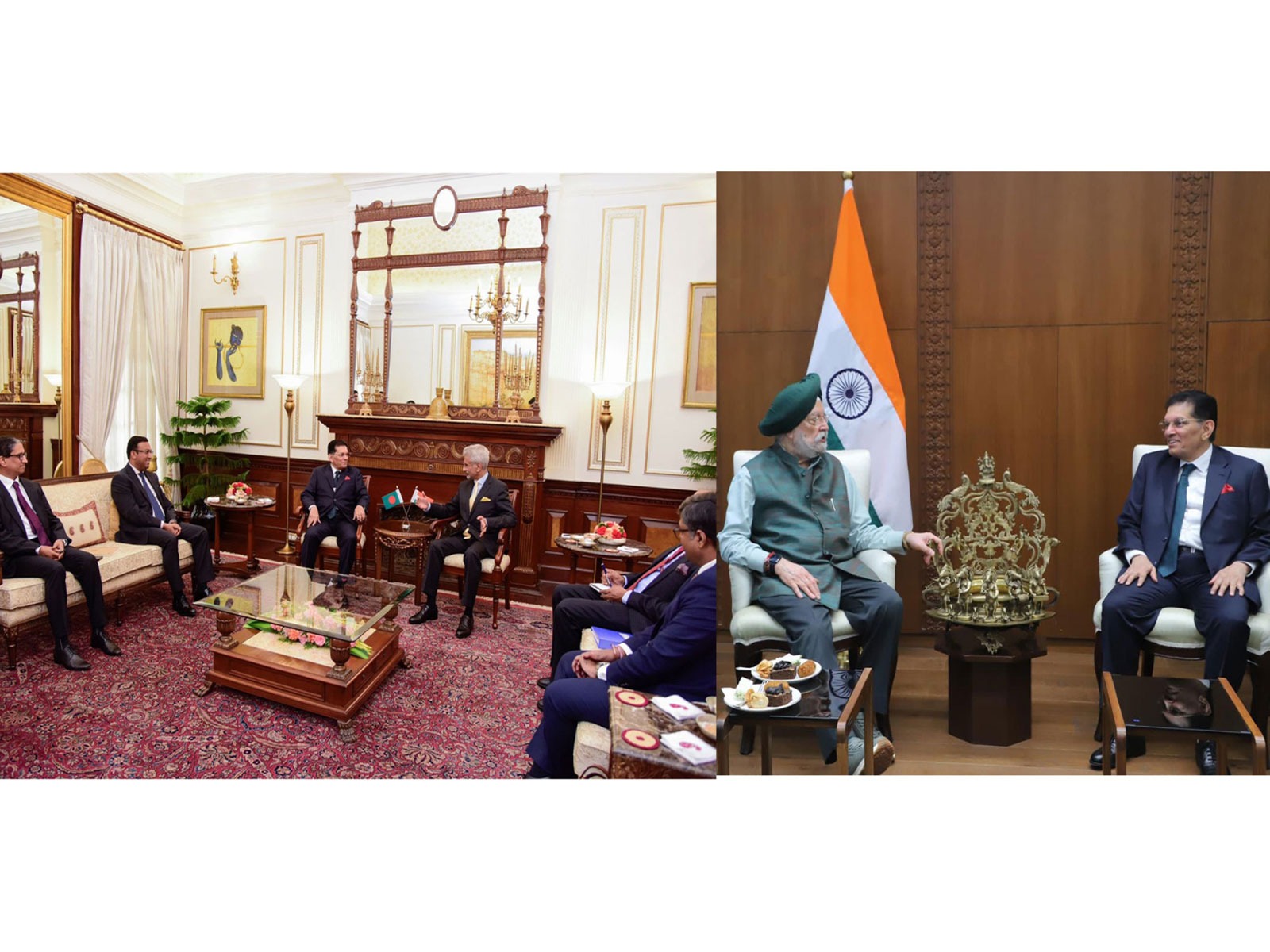 Bangladesh Foreign Minister Khalilur Rahman meets External Affairs Minister S Jaishankar and Union Minister for Petroleum and Natural Gas Hardeep Singh Puri during high-level talks in New Delhi. (Photo: X/@DrSJaishankar/@HardeepSPuri)