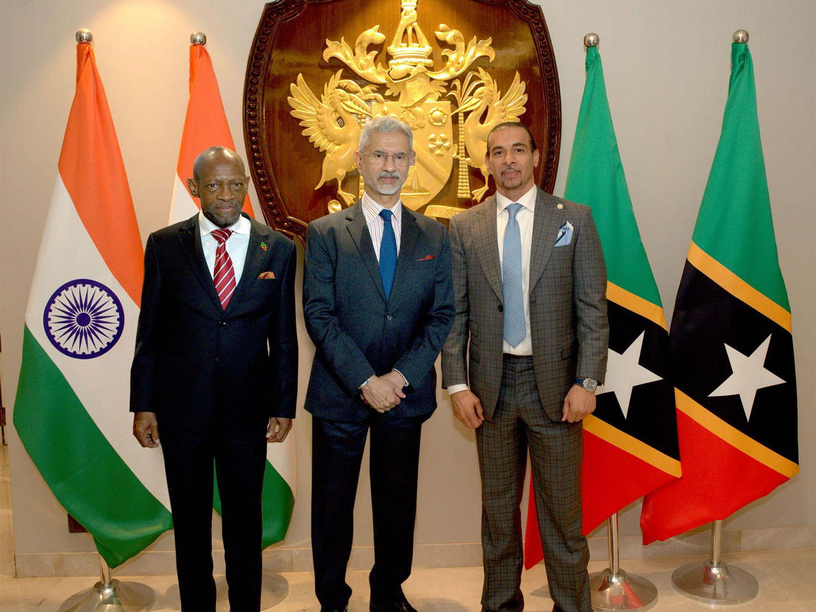 Dr Denzil Douglas, Minister of Foreign Affairs (L), India's EAM, Dr S Jaishankar (M), High Commissioner Gurdip Dev Bath (R)