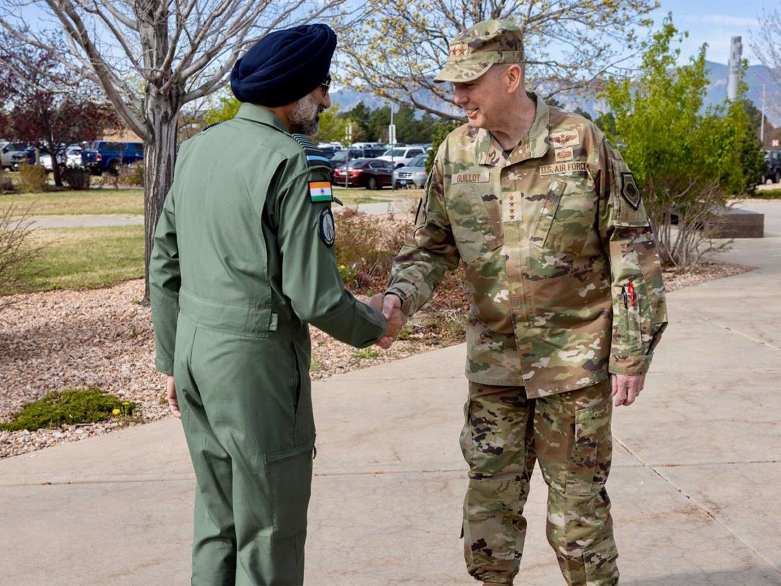 Air Chief Marshal AP Singh interacts with US NORTHCOM Commander General Gregory M Guillot during his visit to Peterson Space Force Base in the United States. (Photo: X/@IAF_MCC)