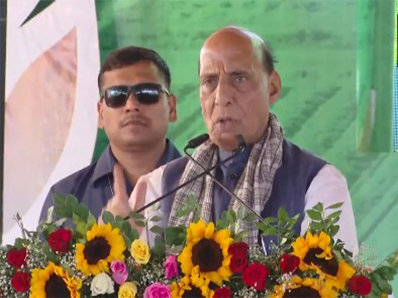 Defence Minister Rajnath Singh speaking at Unnat Krishi Mahotsav in MP (Photo/ANI)