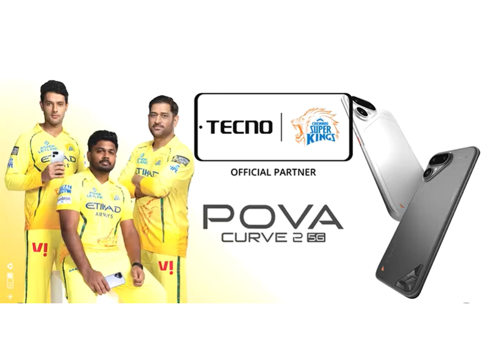 Chennai Super Kings players showcase the TECNO POVA Curve 2, highlighting the brand's official partnership with the team.