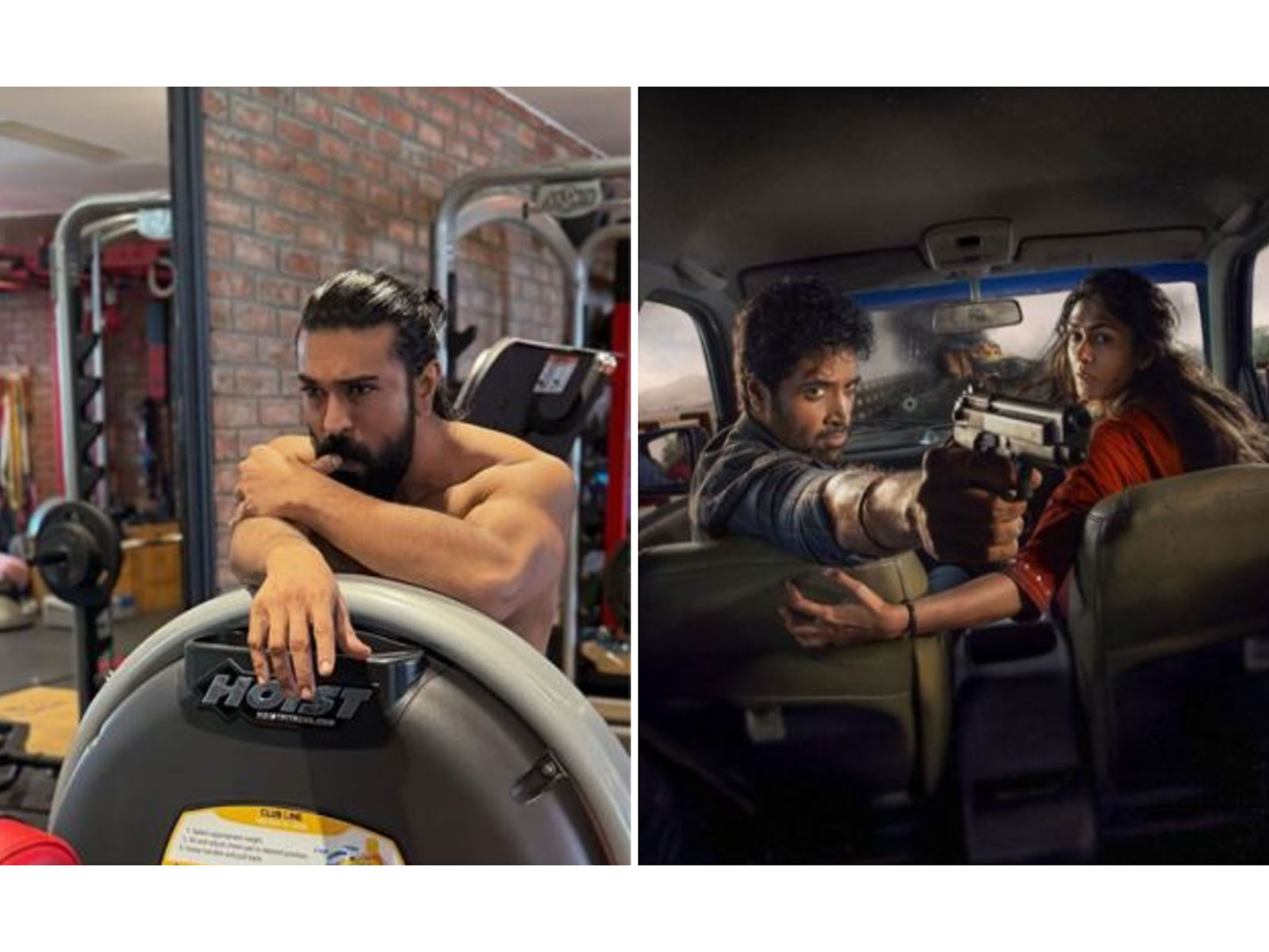 Ram Charan (L) Dacoit poster (R) (Photos/instagram/@nameisnani, @alwaysramcharan)