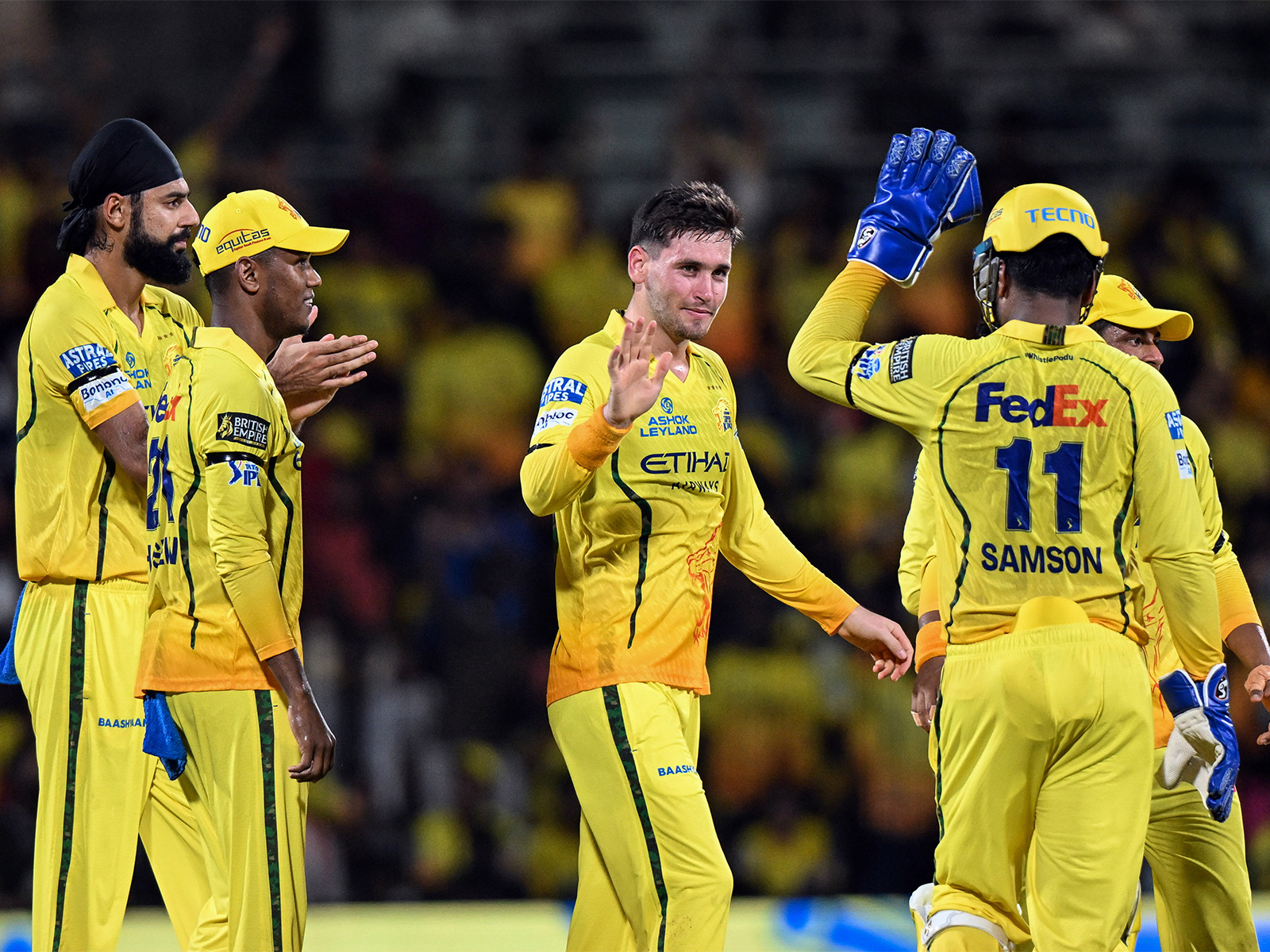 CSK team celebrating a wicket. (Photo: ANI)