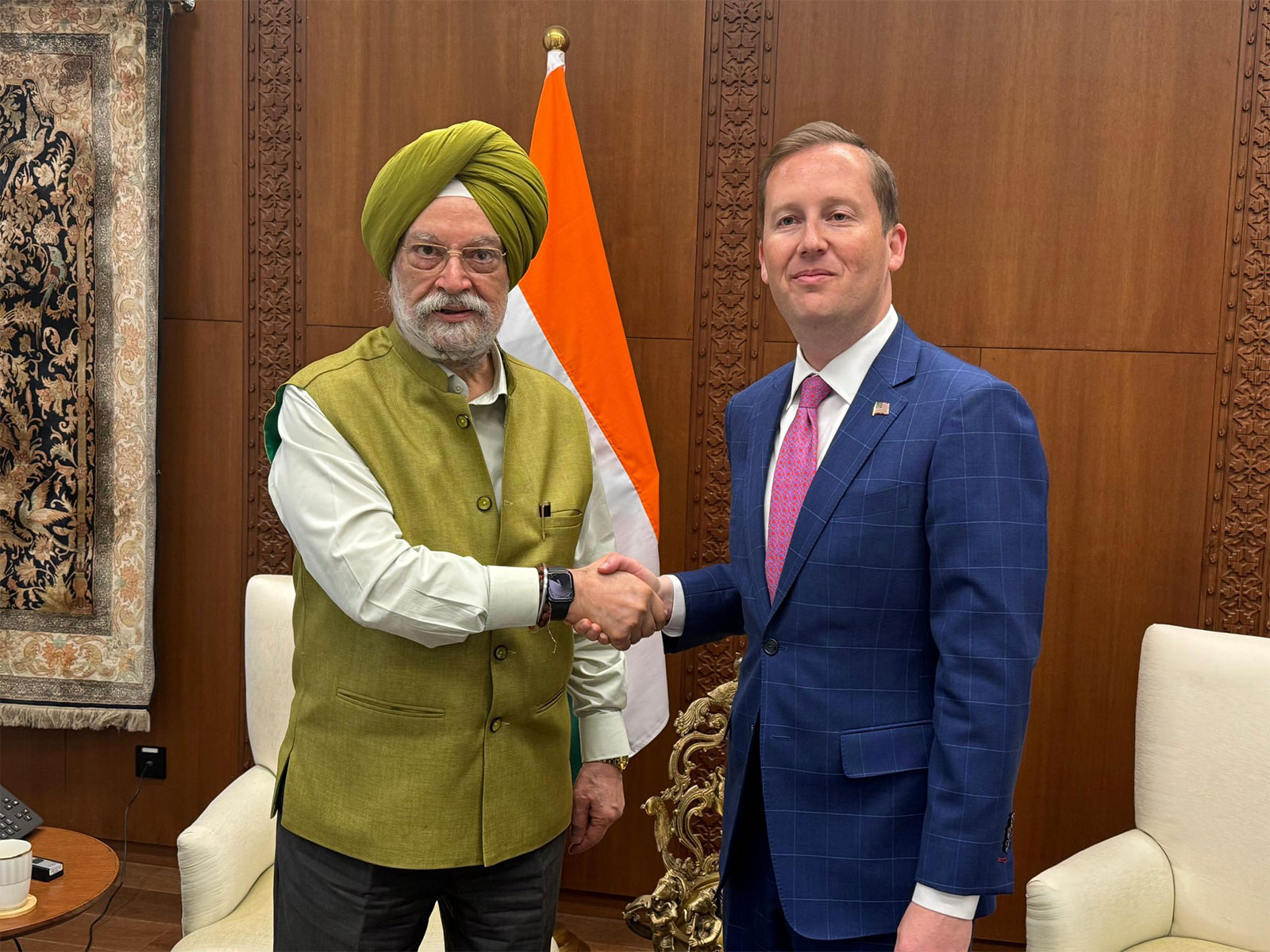 Union Minister Hardeep Singh Puri meets US Ambassador Sergio Gor. (Photo: X/@USAmbIndia)