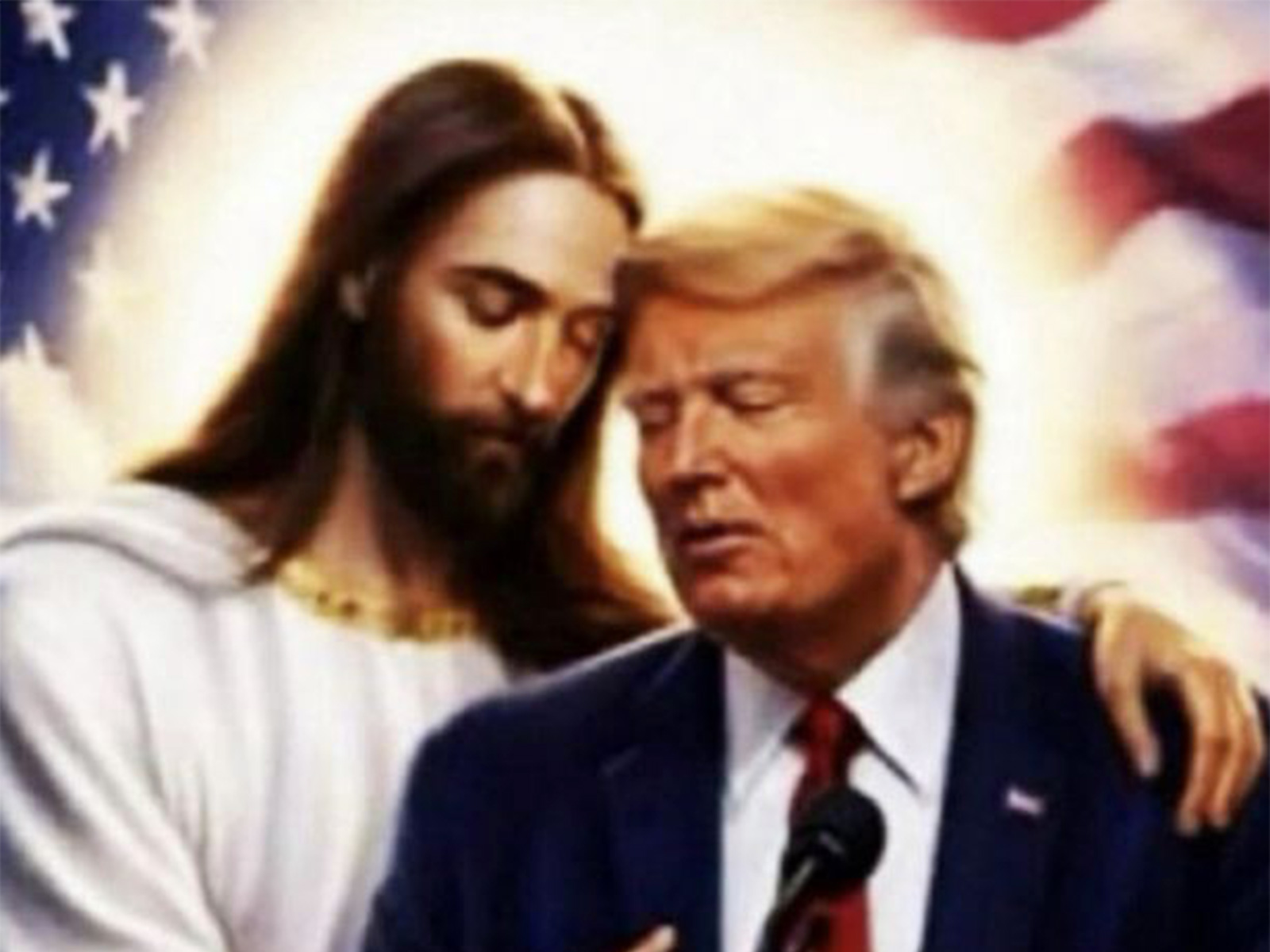 AI-generated image depicting US President Donald Trump embraced by a figure resembling Jesus Christ, shared on social media and drawing controversy. (Image Source: Truth Social/@realDonaldTrump)