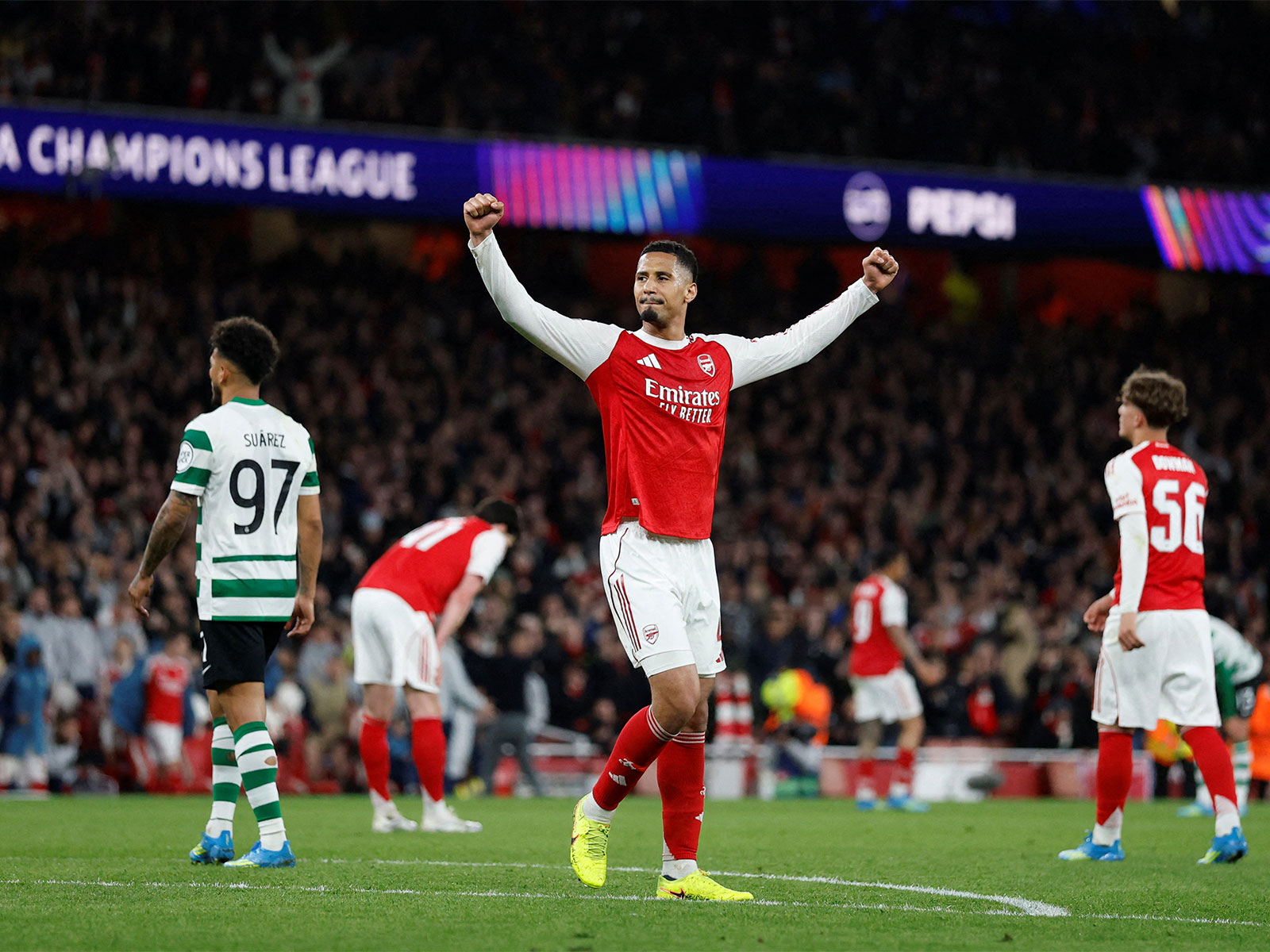 Arsenal's William Saliba celebrating after the match. (Photo/Reuters)
