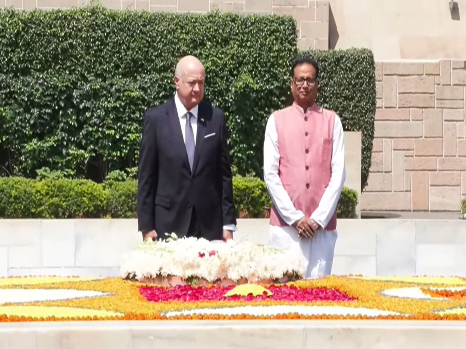 Austrian Federal Chancellor Christian Stocker and his wife Gerda Stocker Legenstein paid tribute to Mahatma Gandhi at Rajghat. (Photo/ANI)