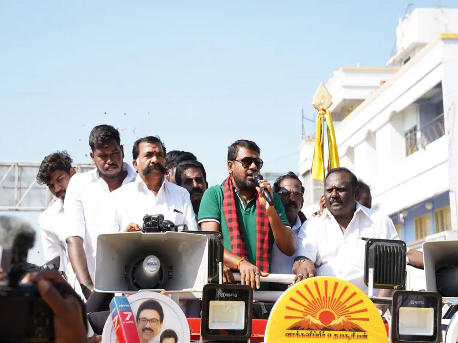 DMK leader S Kathiravan campaigns in Manachanallur Constituency (Photo/ANI)