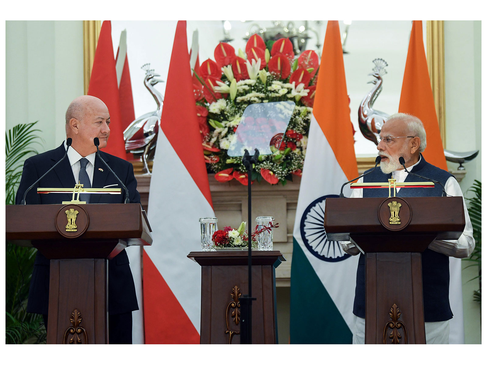 Joint press meet between PM Modi and Federal Chancellor of Austria Christian Stocker at Hyderabad House (Photo/ANI)