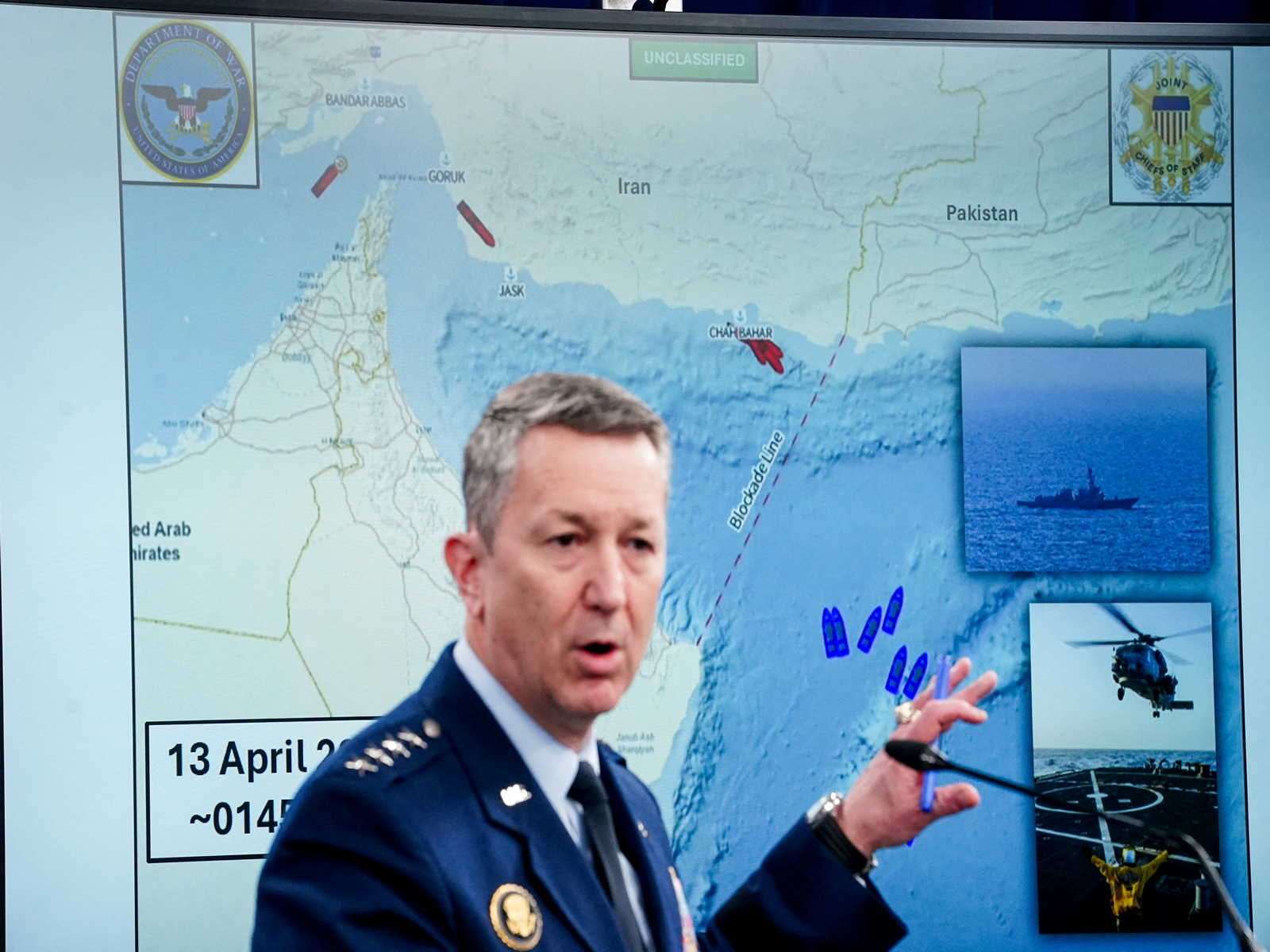 Chairman of the Joint Chiefs of Staff General Dan Caine speaks during a briefing on the Iran war, with a map in the background showing a blockade line on the Strait of Hormuz, at the Pentagon (Photo/Reuters)