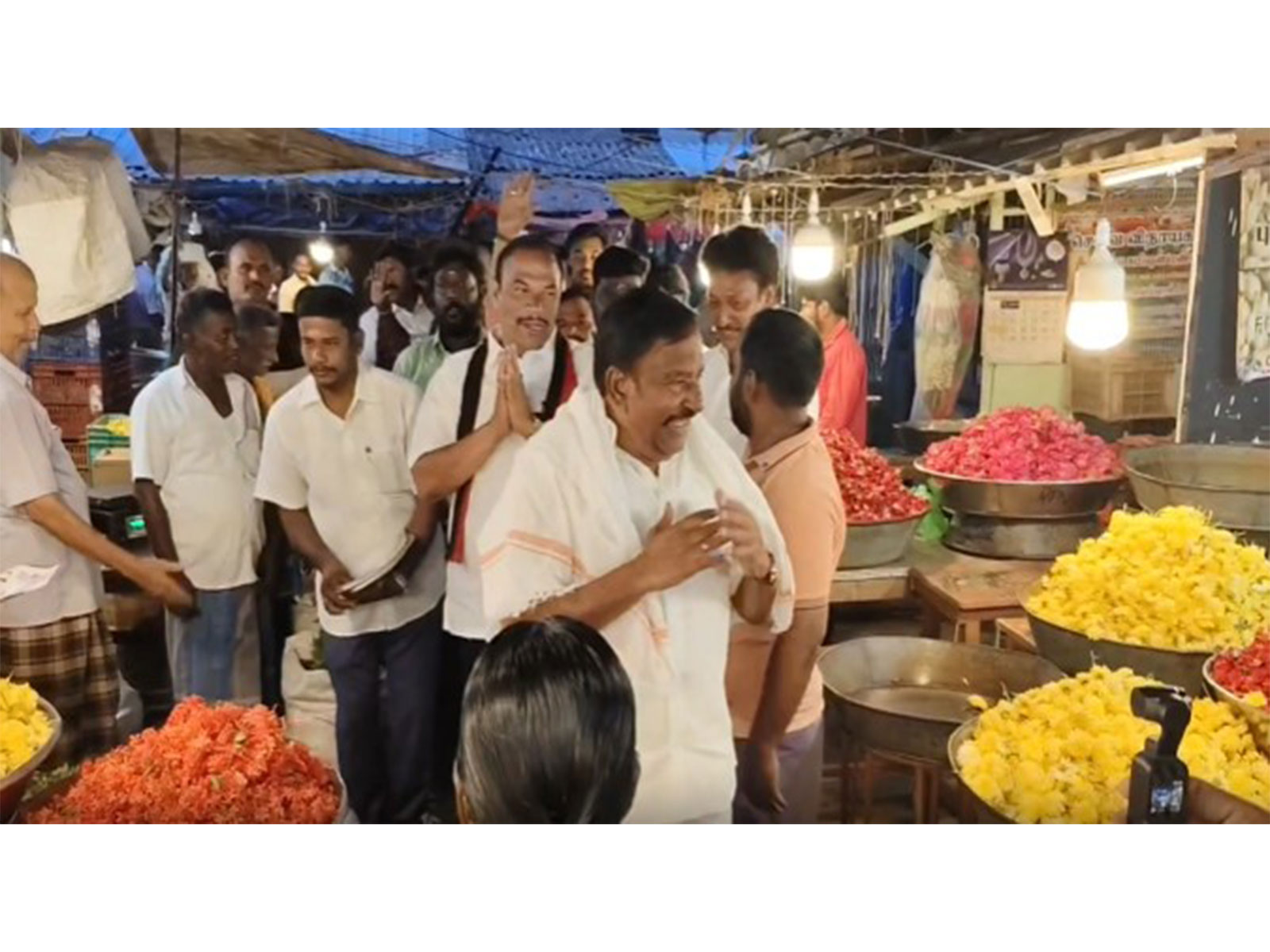 Tamil Nadu Ministers K.N. Nehru and Anbil Mahesh Poyyamozhi in Tiruchirappalli East constituency (Photo/ANI)