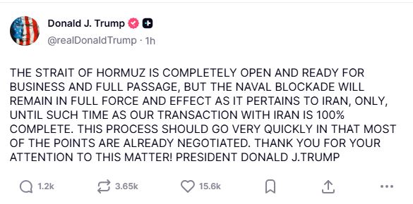 “Blockade will remain”: Trump keeps pressure on Iranian ports despite Hormuz reopening