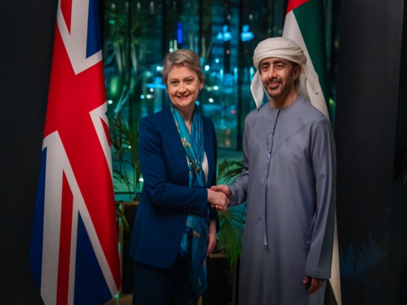 UAE's deputy prime minister and foreign minister, Sheikh Abdullah bin Zayed Al Nahyan with UK Foreign Secretary Yvette Cooper(Photo/X/@OFMUAE)