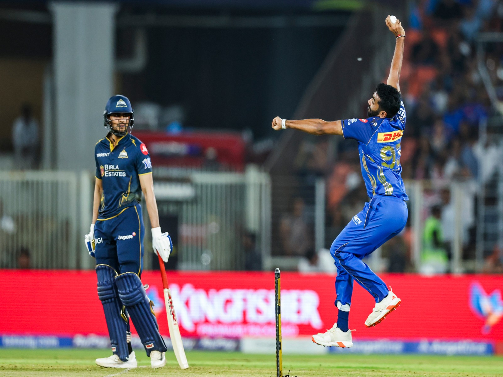 MI's Jasprit Bumrah bowling as GT's Shubman Gill watches in the IPL 2026. (Photo/ANI)